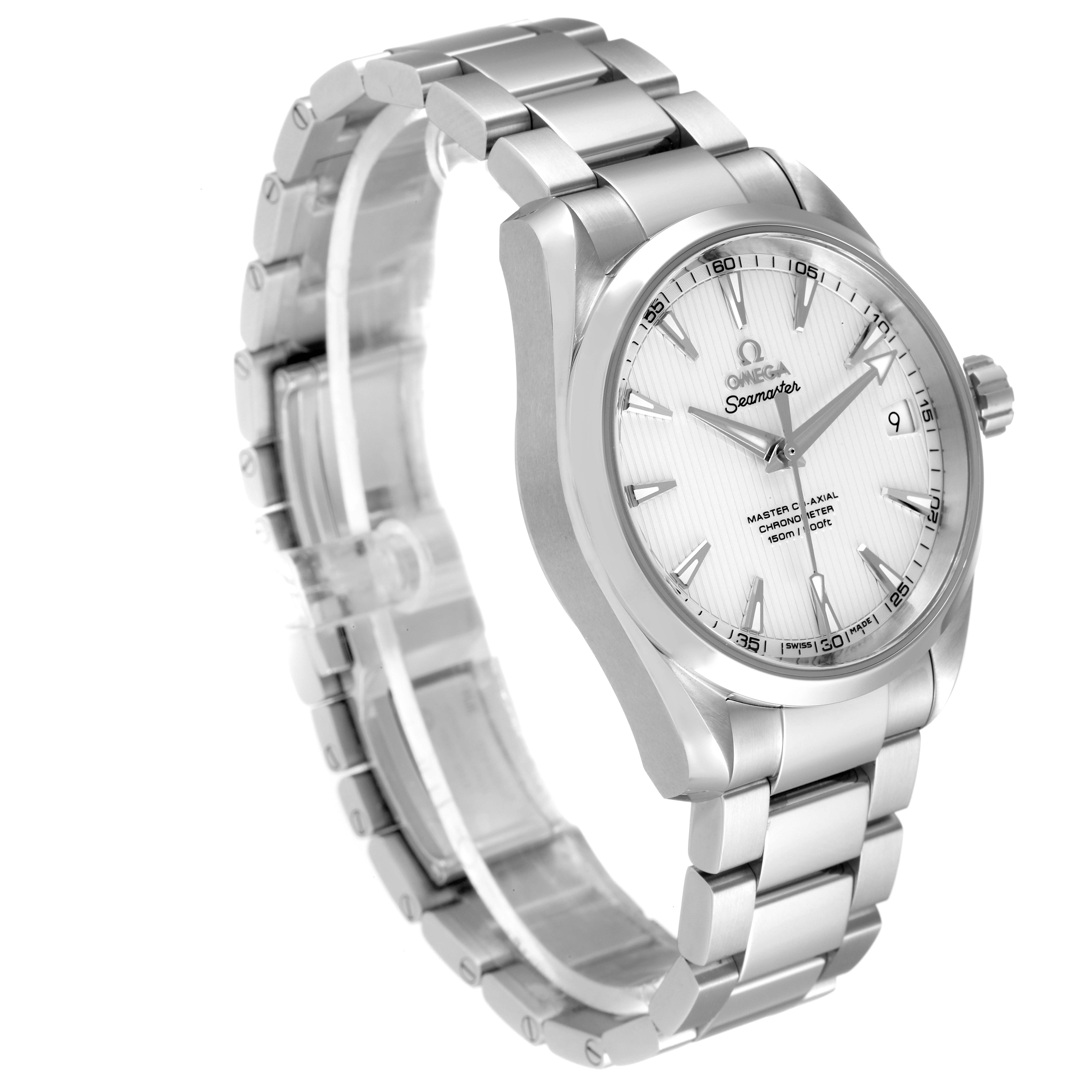 The image shows a side angle of the Omega Aqua Terra 231.10.39.21.02.002 Men's Stainless Steel Silver Dial 231.10.39.21.02.002 Men's Stainless Steel Silver Dial watch, highlighting its face, crown, and metal bracelet.