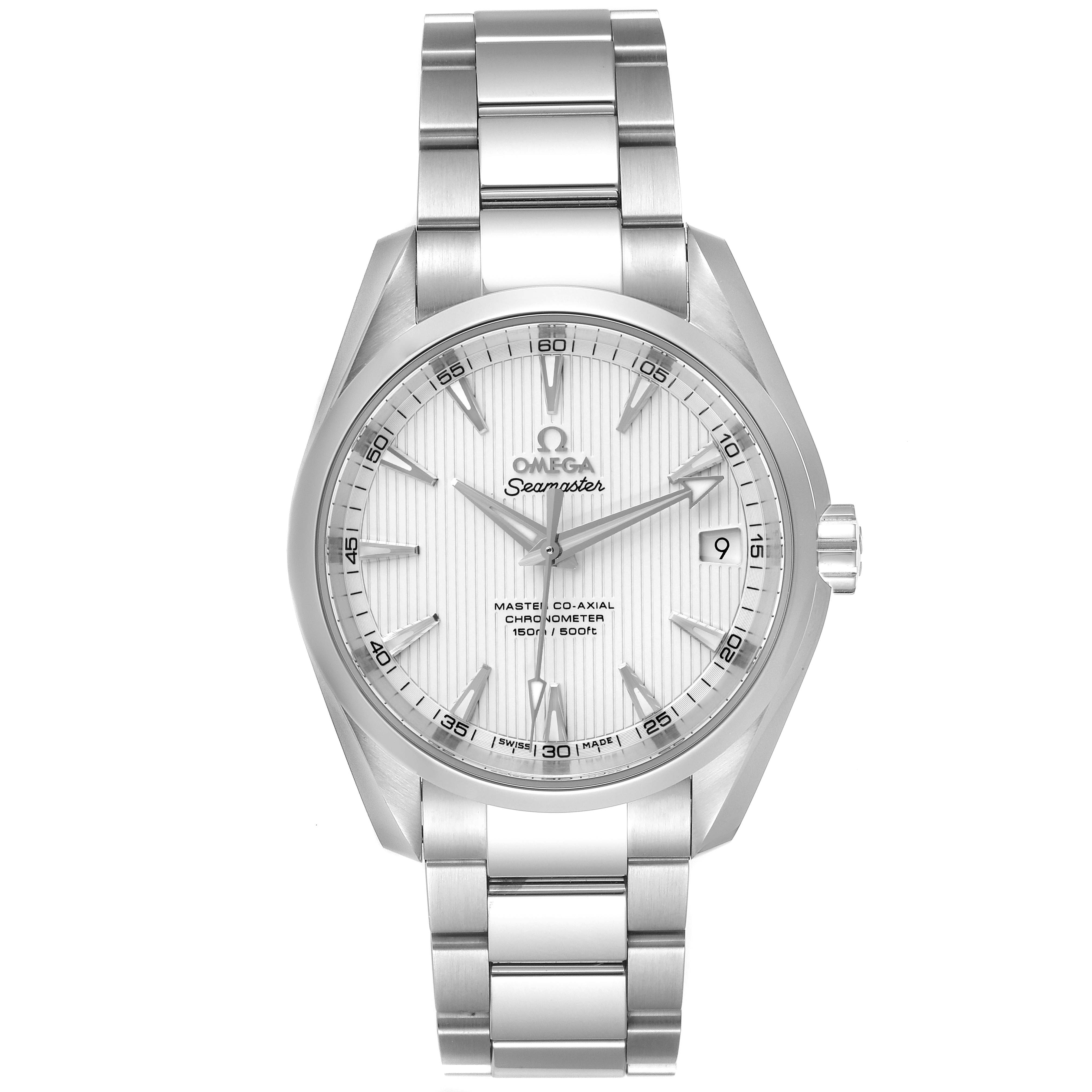 This image shows a front view of the Omega Aqua Terra 231.10.39.21.02.002 Men's Stainless Steel Silver Dial 231.10.39.21.02.002 Men's Stainless Steel Silver Dial watch, highlighting the dial, hands, and bracelet.