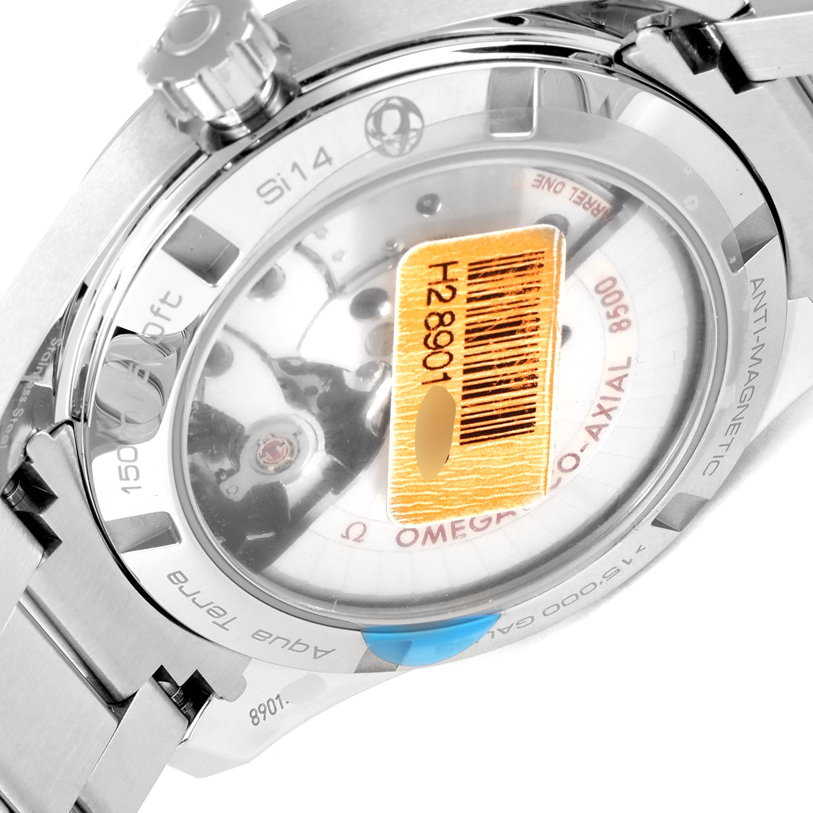 This image shows the back view of the Omega Aqua Terra 231.10.39.21.02.002 Men's Stainless Steel Silver Dial 231.10.39.21.02.002 Men's Stainless Steel Silver Dial watch, highlighting the case back, movement, and serial number sticker.