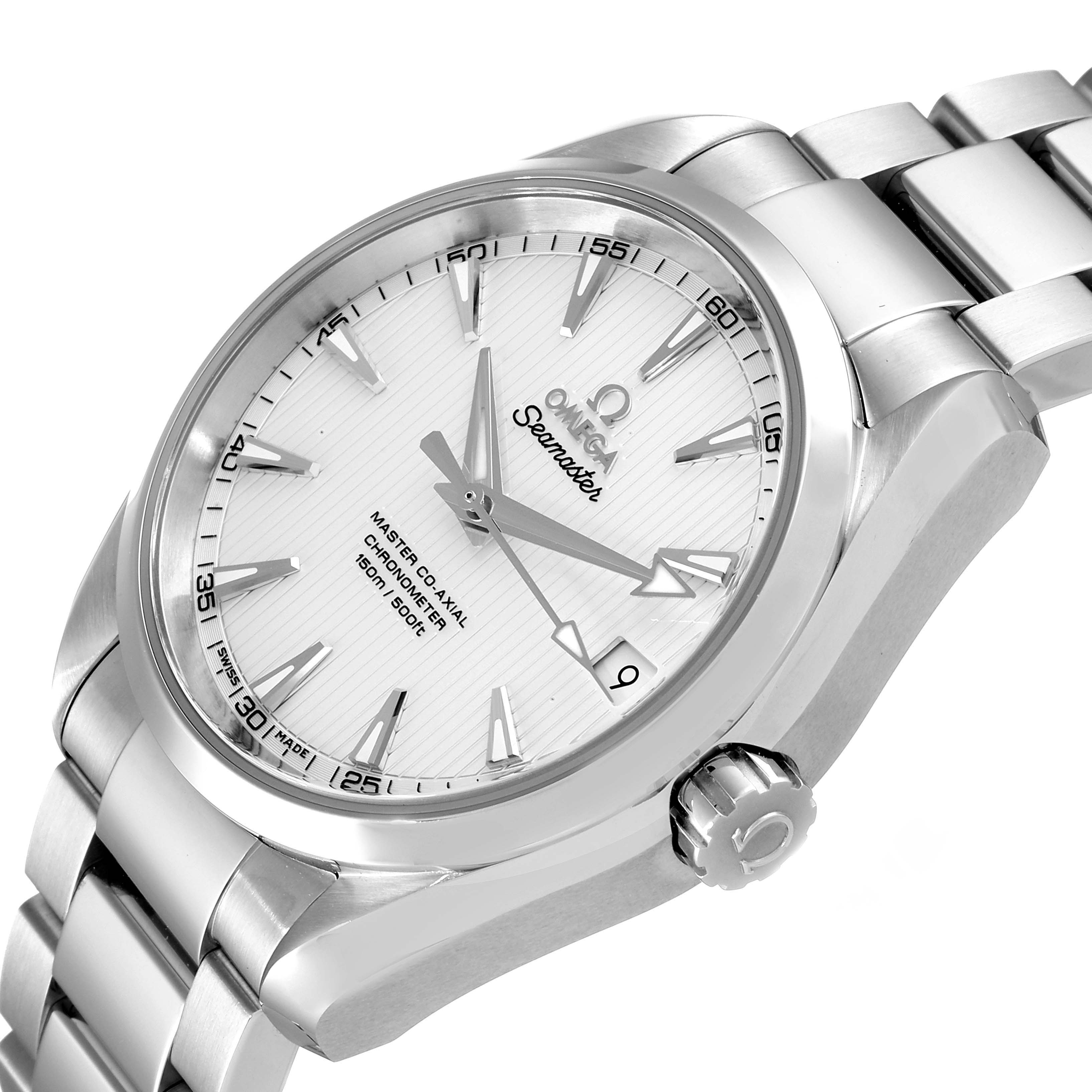 The image showcases an angled close-up of an Omega Seamaster Aqua Terra watch, highlighting its dial, bracelet, and crown.