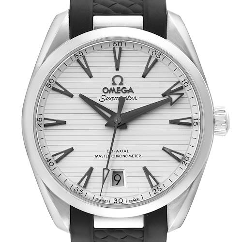 The image shows a front view of the Omega Aqua Terra watch, highlighting the dial, hour markers, and date window.