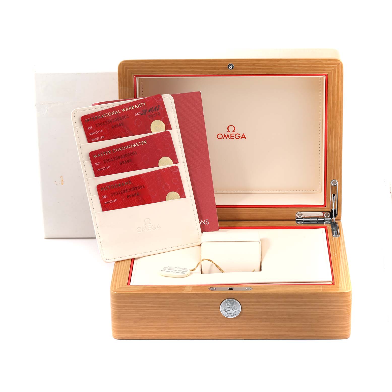 The image shows the box, warranty cards, and documentation for the Omega Aqua Terra 220.12.38.20.02.001 Men's Stainless Steel Silver Dial 220.12.38.20.02.001 Men's Stainless Steel Silver Dial model watch.