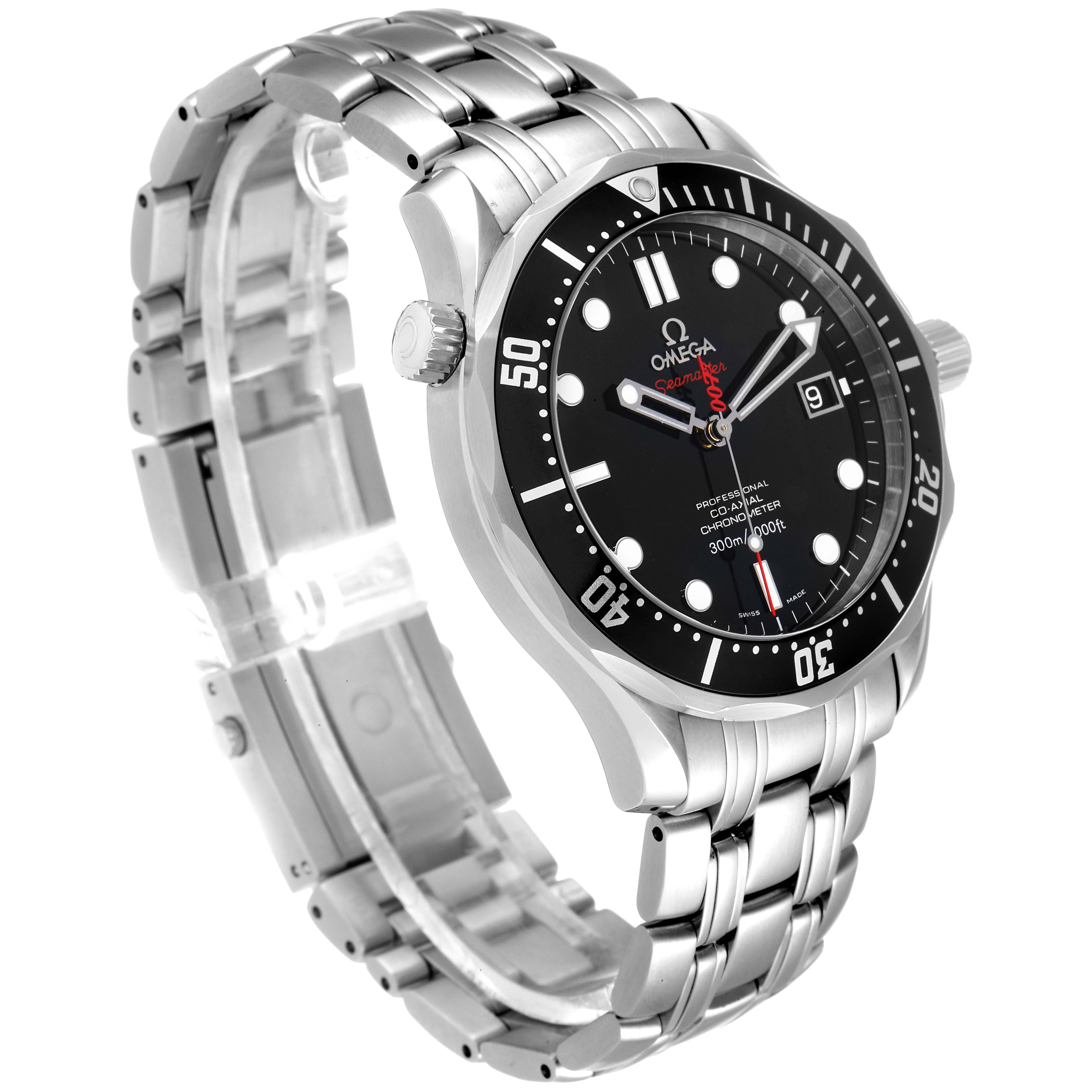The Omega Seamaster 212.30.41.20.01.001 Men's Stainless Steel Black Dial 212.30.41.20.01.001 Men's Stainless Steel Black Dial watch is shown at a three-quarter angle displaying its face, bezel, and stainless steel bracelet.