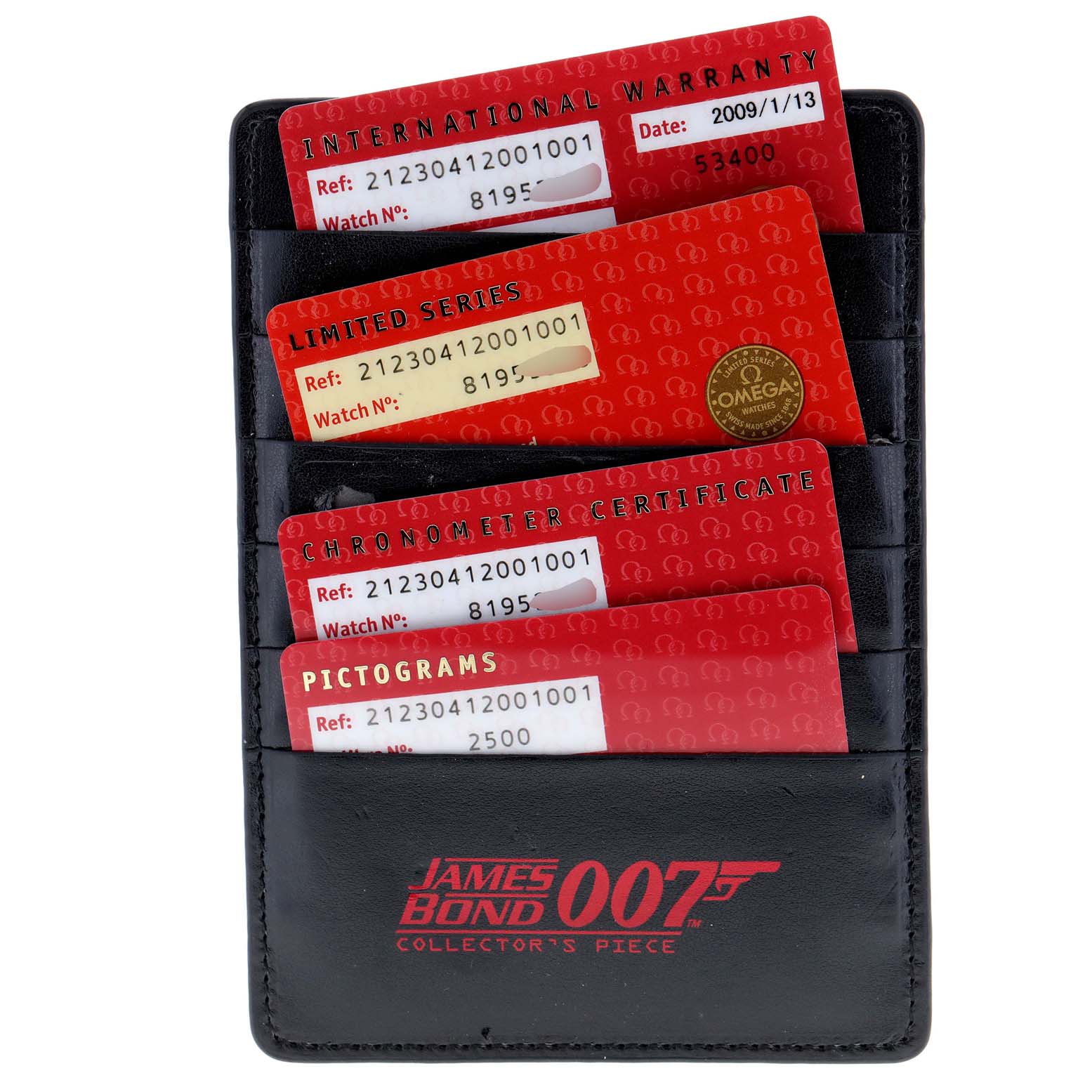 The image shows warranty and certification cards for an Omega Seamaster 212.30.41.20.01.001 Men's Stainless Steel Black Dial 212.30.41.20.01.001 Men's Stainless Steel Black Dial watch stored in a black James Bond 007 Collector's Piece cardholder.