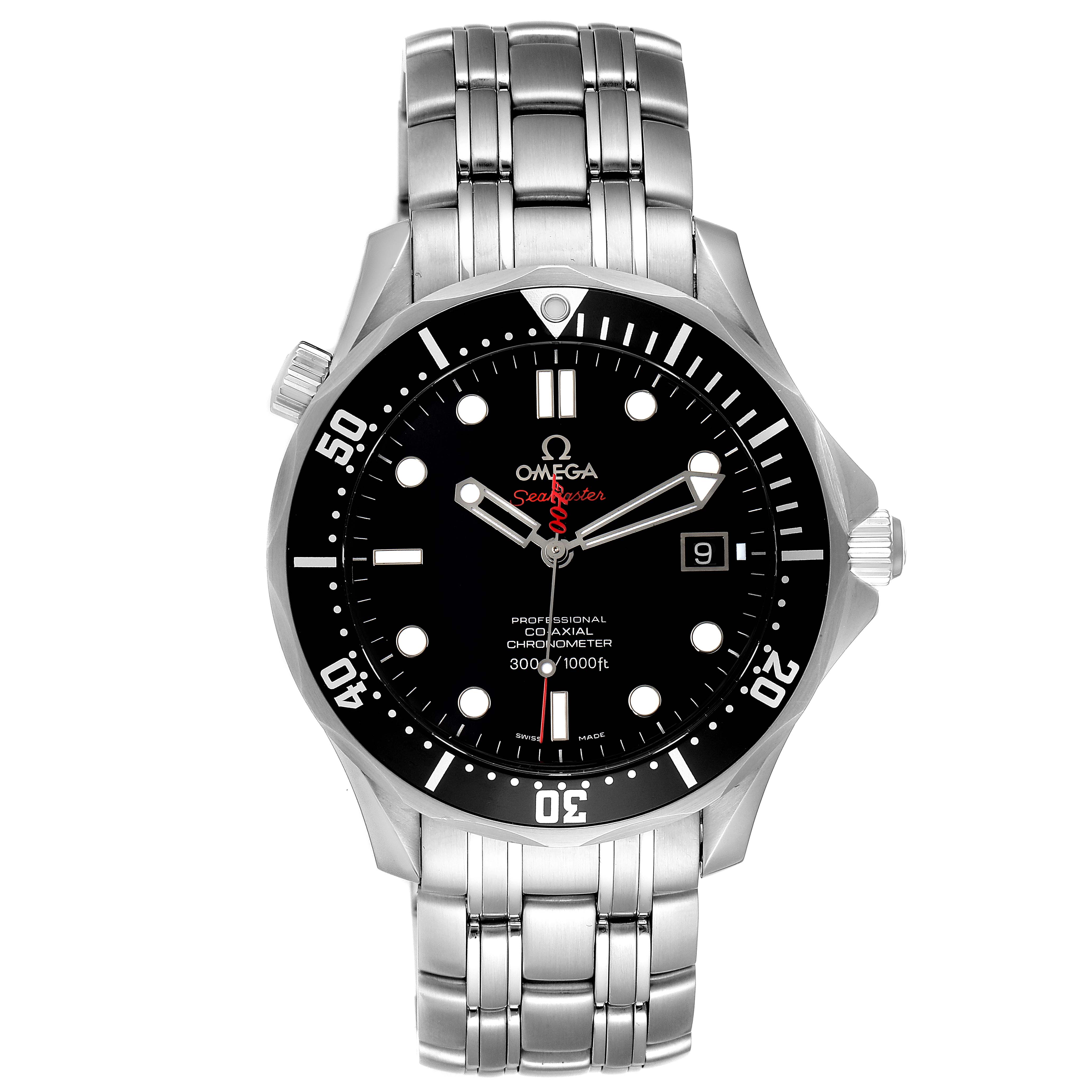 The image shows a front view of the Omega Seamaster 212.30.41.20.01.001 Men's Stainless Steel Black Dial 212.30.41.20.01.001 Men's Stainless Steel Black Dial watch, displaying the face, bezel, and stainless steel bracelet.
