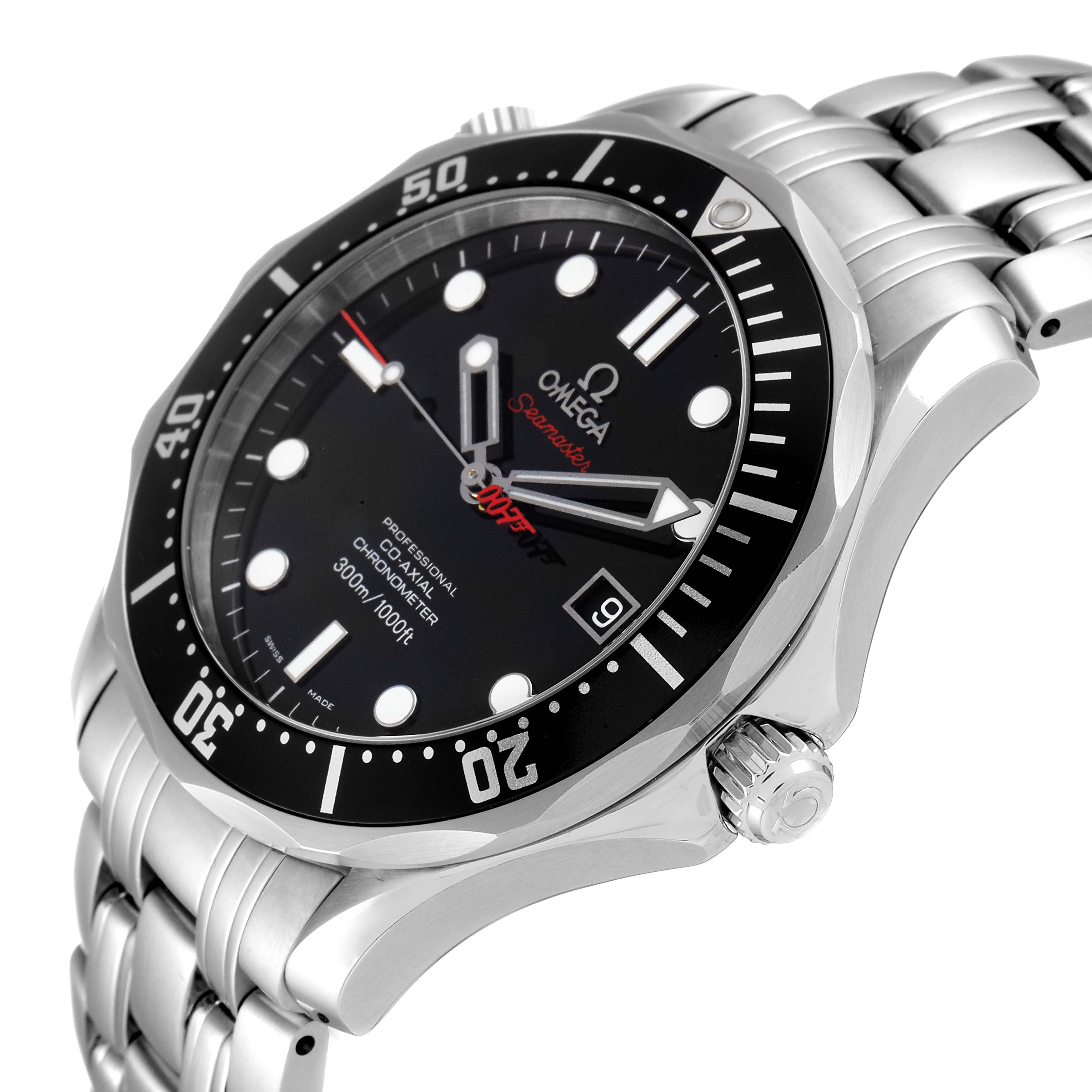 The image shows a side angle of an Omega Seamaster 212.30.41.20.01.001 Men's Stainless Steel Black Dial 212.30.41.20.01.001 Men's Stainless Steel Black Dial watch, highlighting its bezel, dial, crown, and metal bracelet.
