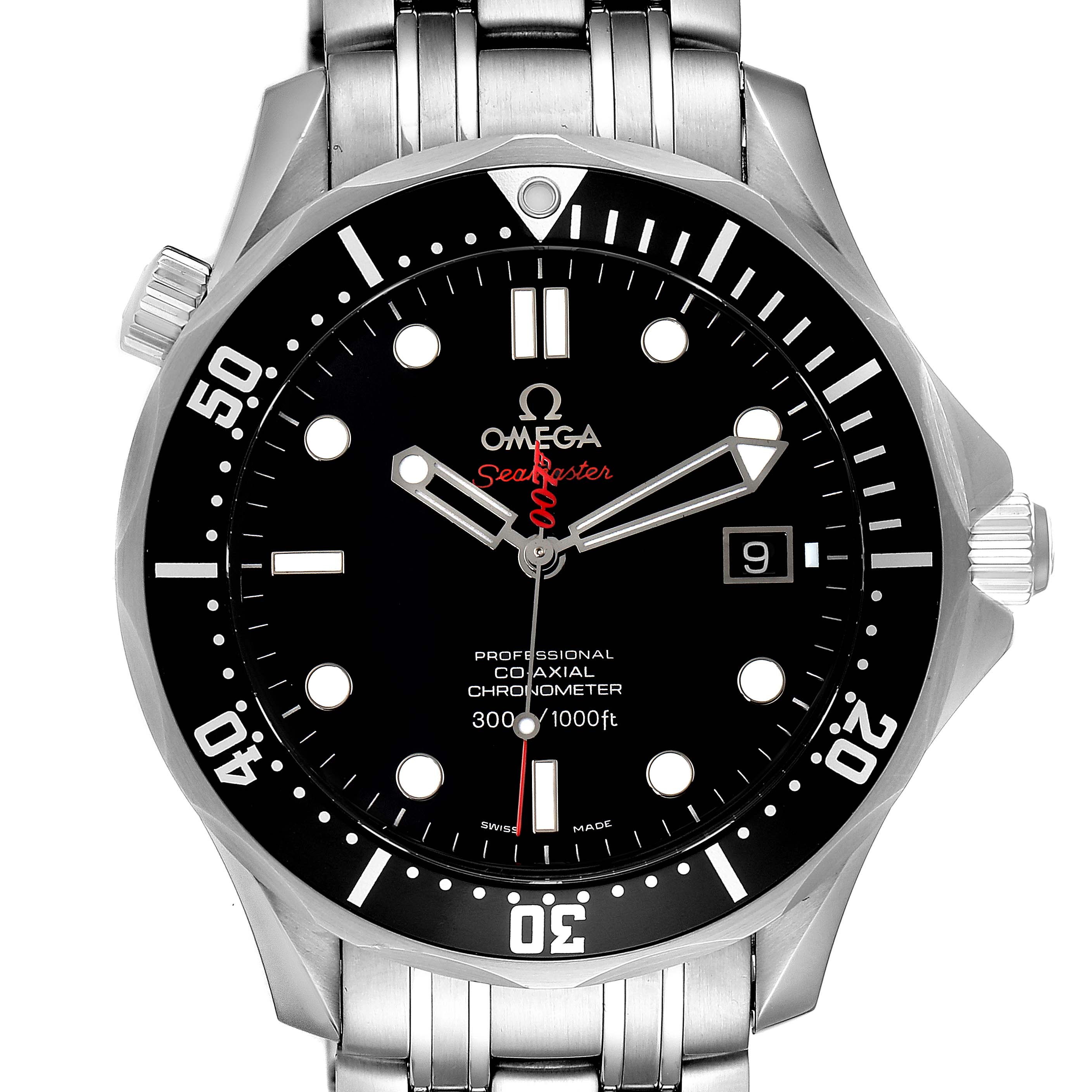 The image shows the front view of the Omega Seamaster 212.30.41.20.01.001 Men's Stainless Steel Black Dial 212.30.41.20.01.001 Men's Stainless Steel Black Dial watch, displaying its dial, bezel, date window, and part of the bracelet.