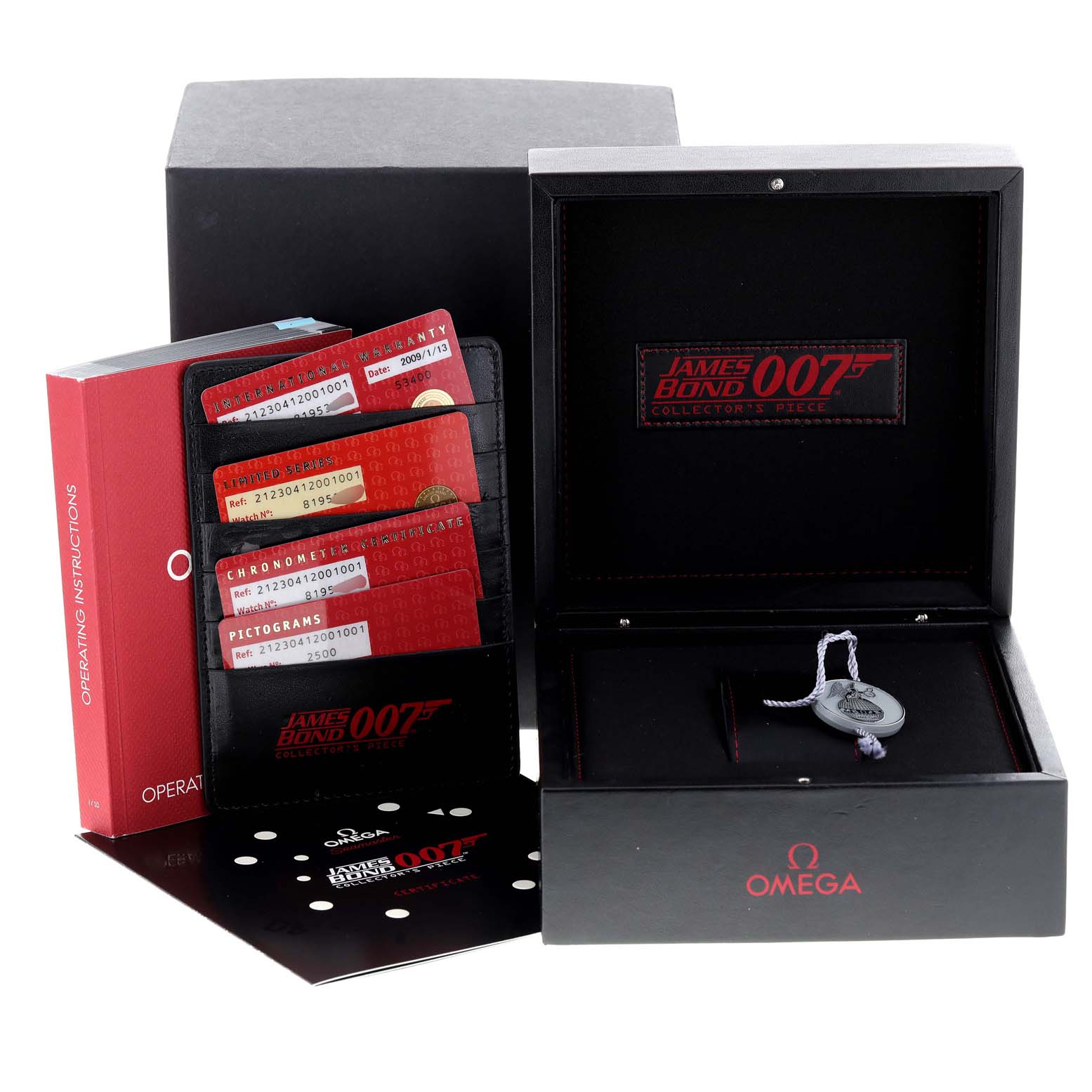 The image shows the packaging, instruction manuals, and authenticity cards for the Omega Seamaster 212.30.41.20.01.001 Men's Stainless Steel Black Dial 212.30.41.20.01.001 Men's Stainless Steel Black Dial watch.