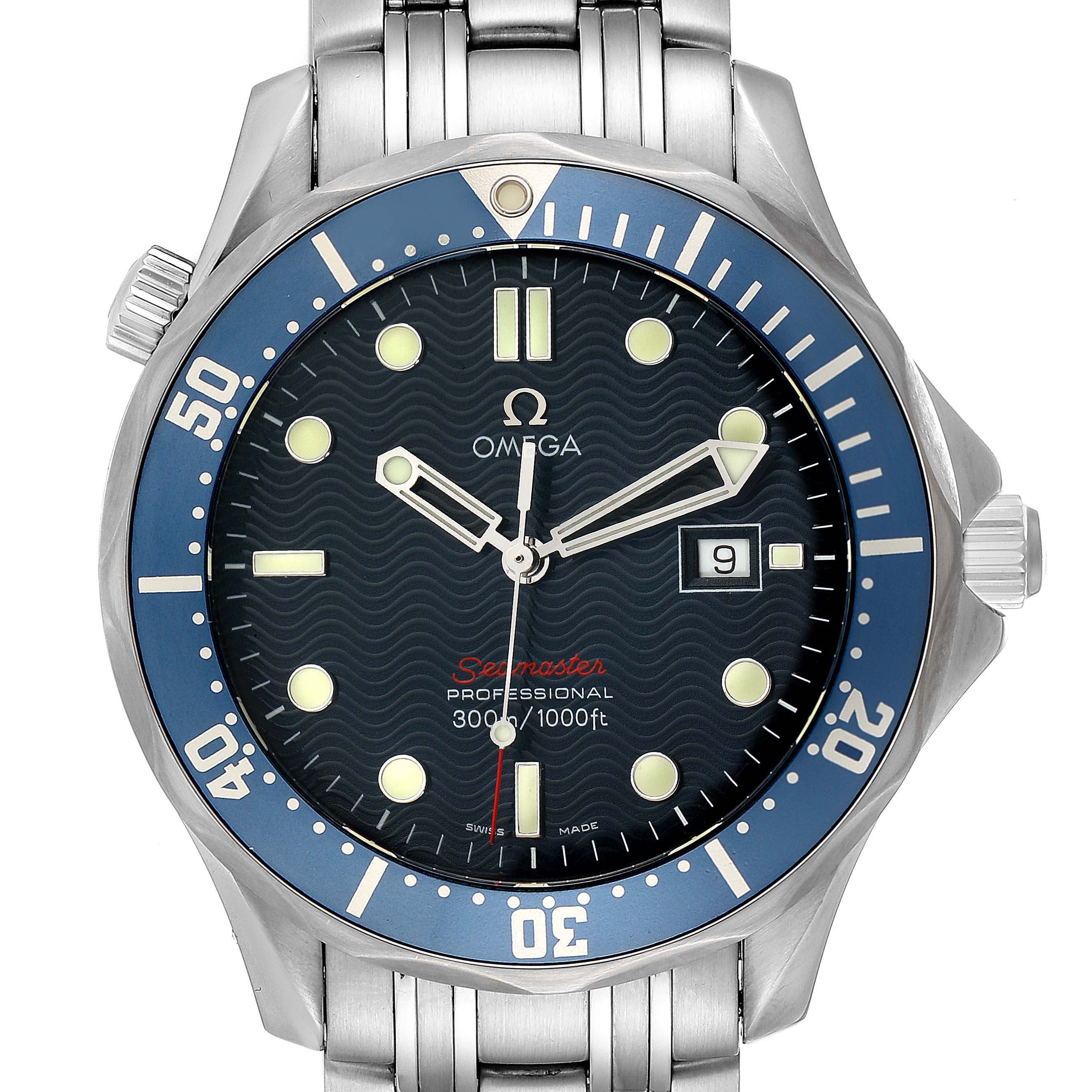 The image shows a frontal view of an Omega Seamaster 2221.80.00 Men's Stainless Steel Blue Dial 2221.80.00 Men's Stainless Steel Blue Dial watch, highlighting the dial, bezel, hands, and part of the bracelet.