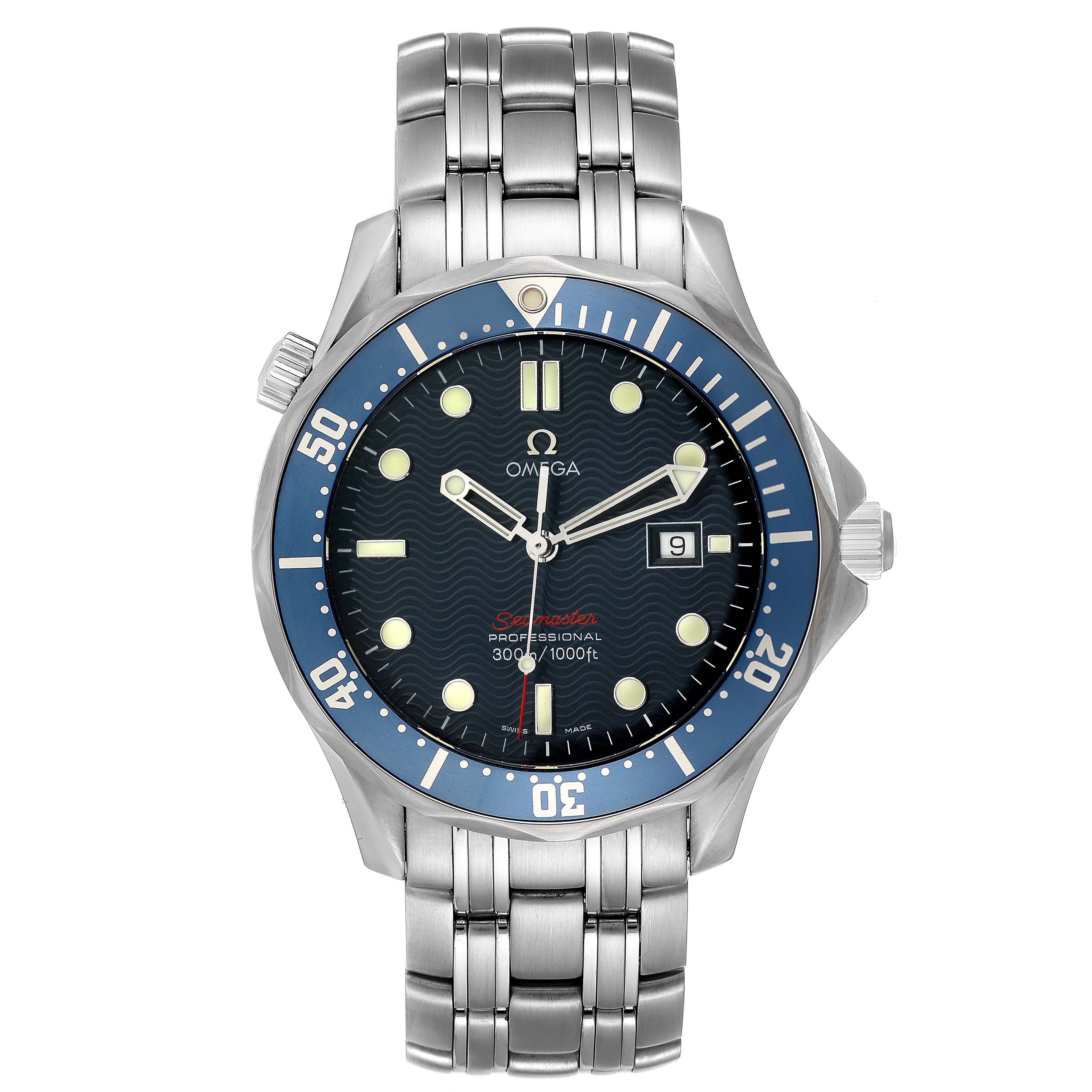 The image shows a front view of the Omega Seamaster 2221.80.00 Men's Stainless Steel Blue Dial 2221.80.00 Men's Stainless Steel Blue Dial watch, displaying the face, bezel, and metal bracelet.