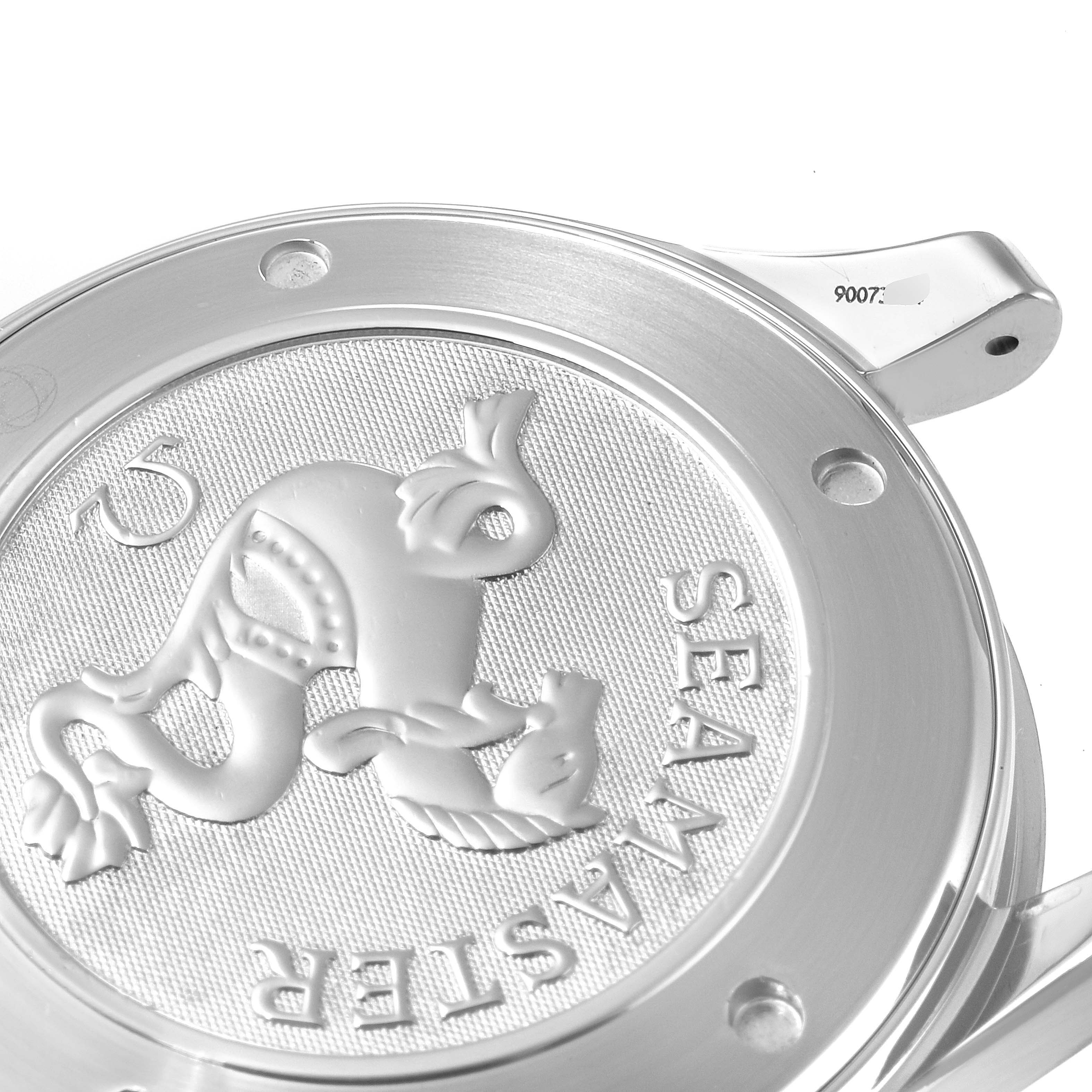 The image shows the case back of an Omega Seamaster 2221.80.00 Men's Stainless Steel Blue Dial 2221.80.00 Men's Stainless Steel Blue Dial watch, featuring the signature Seahorse logo and model name.