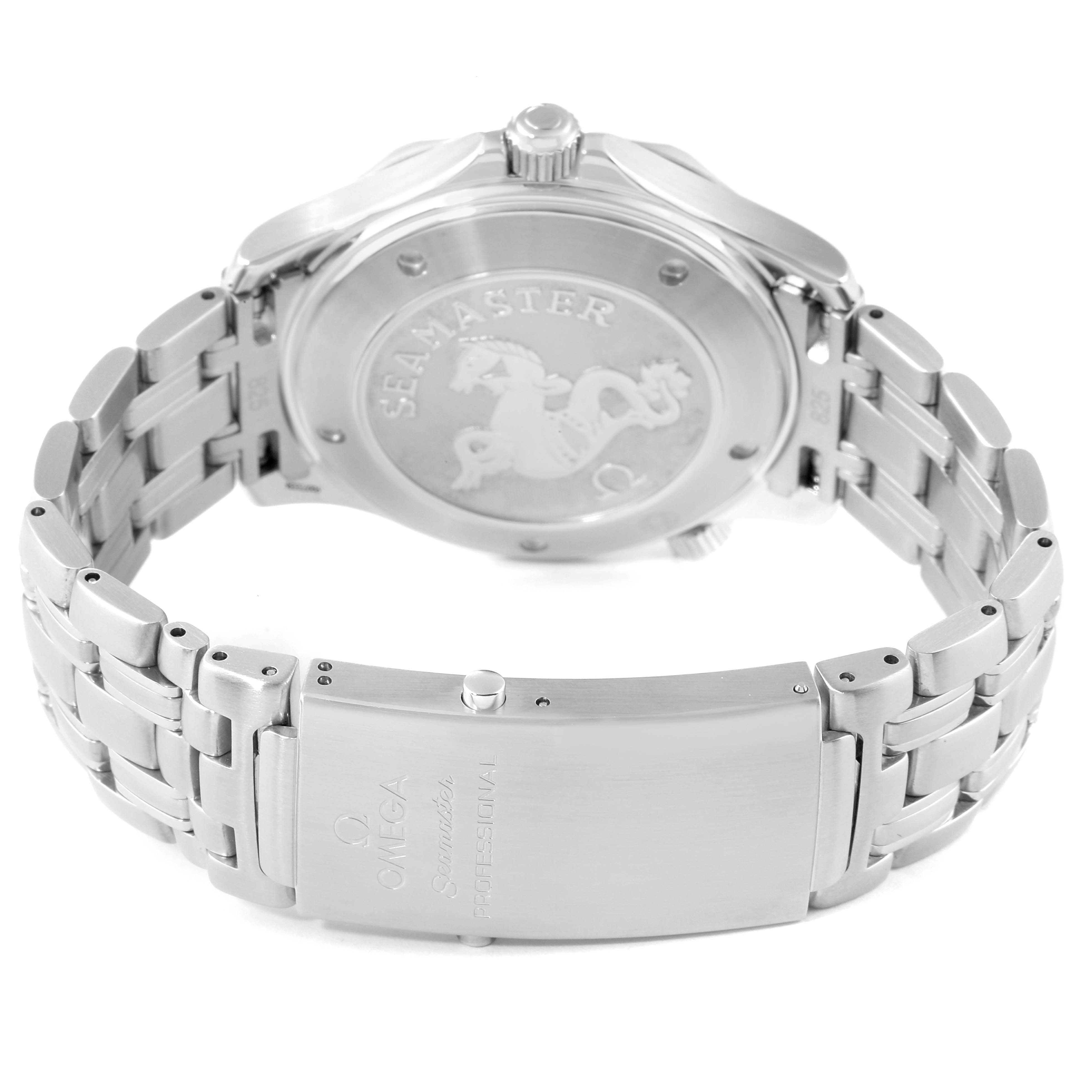 The image shows the back and clasp of an Omega Seamaster 2221.80.00 Men's Stainless Steel Blue Dial 2221.80.00 Men's Stainless Steel Blue Dial watch, featuring the band and engraved case back.