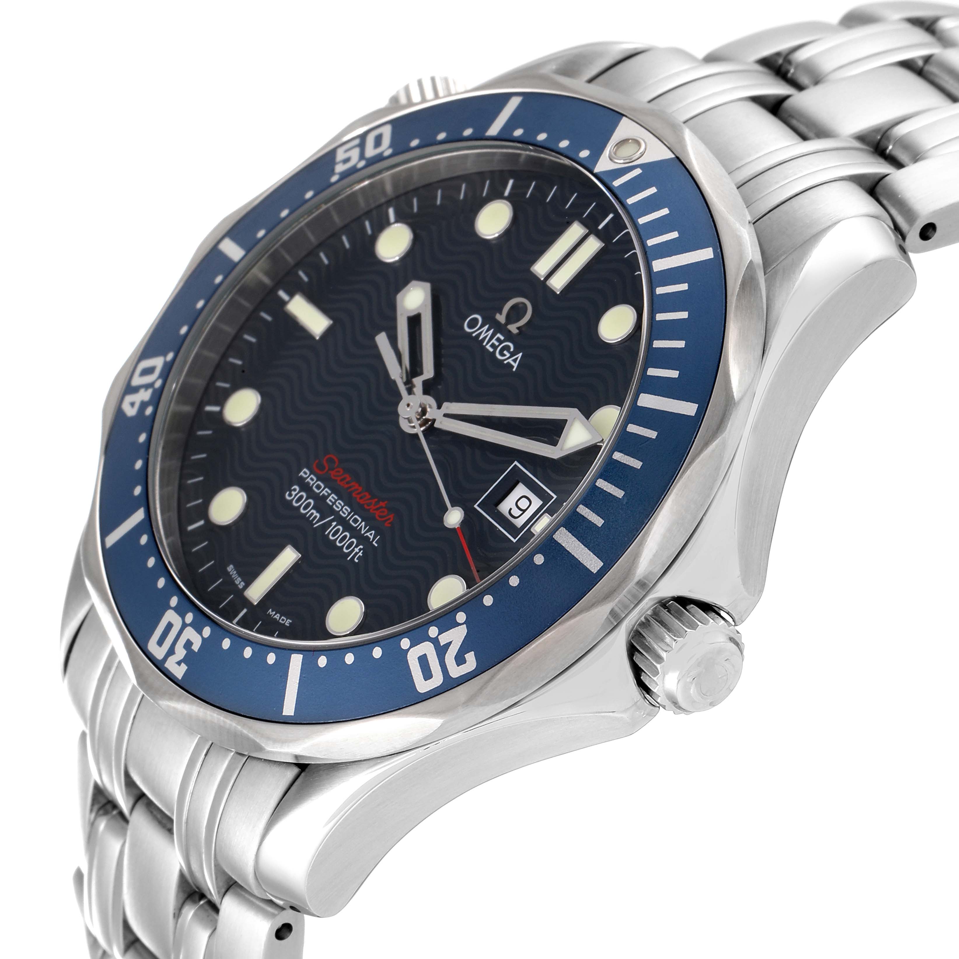 The image shows a tilted side angle of the Omega Seamaster 2221.80.00 Men's Stainless Steel Blue Dial 2221.80.00 Men's Stainless Steel Blue Dial watch, highlighting its face, bezel, crown, and bracelet.