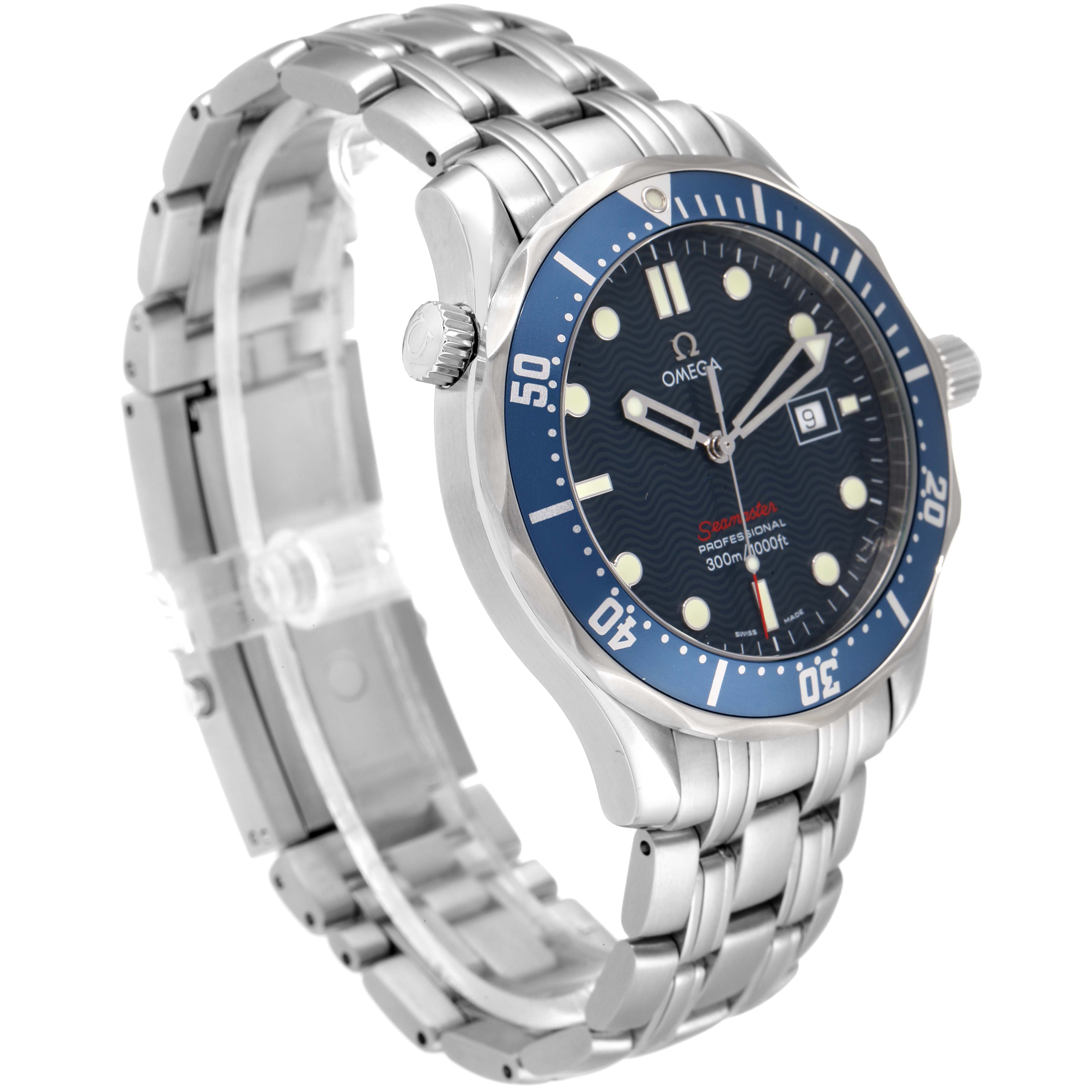 The image shows a side-angle view of an Omega Seamaster 2221.80.00 Men's Stainless Steel Blue Dial 2221.80.00 Men's Stainless Steel Blue Dial watch, highlighting its face, bezel, and stainless steel bracelet.