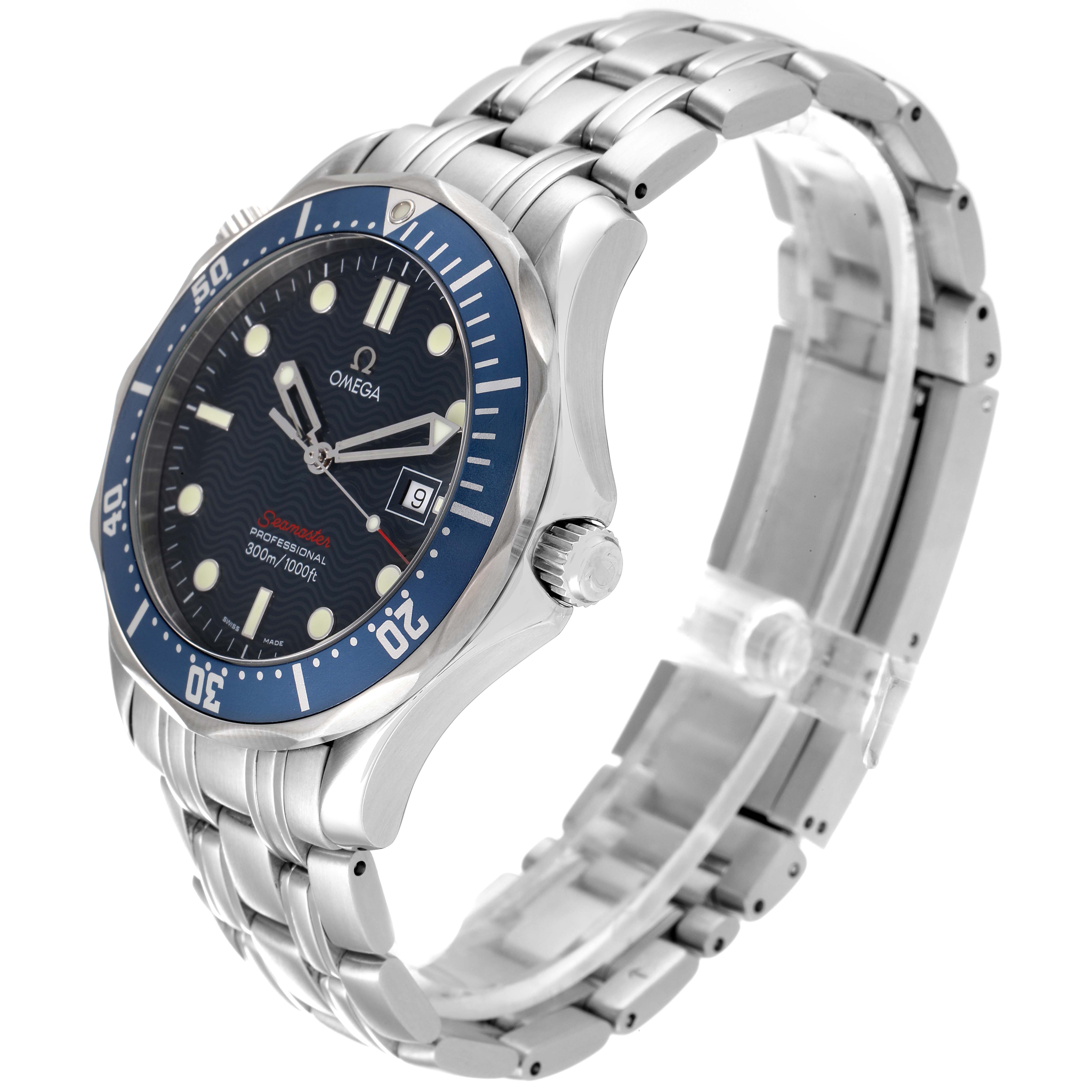 The image shows an Omega Seamaster 2221.80.00 Men's Stainless Steel Blue Dial 2221.80.00 Men's Stainless Steel Blue Dial watch at a three-quarter angle, highlighting the face, bezel, crown, and bracelet.