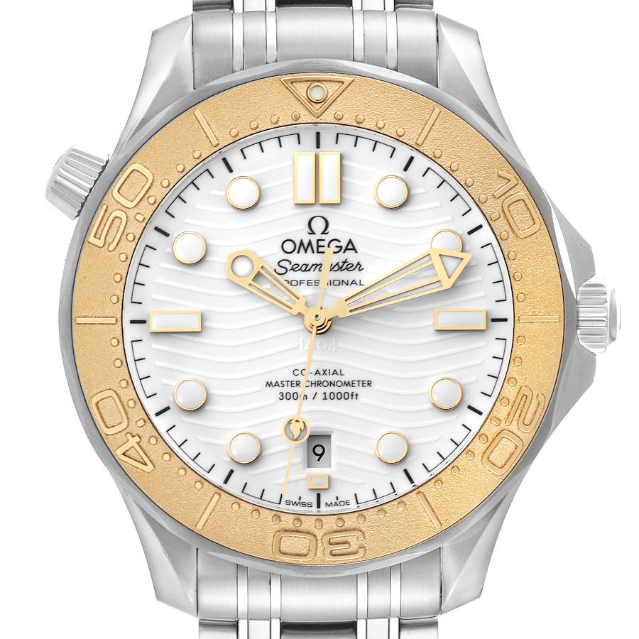 The Omega Seamaster watch is shown from a top-down angle, highlighting its face, bezel, and part of the bracelet.