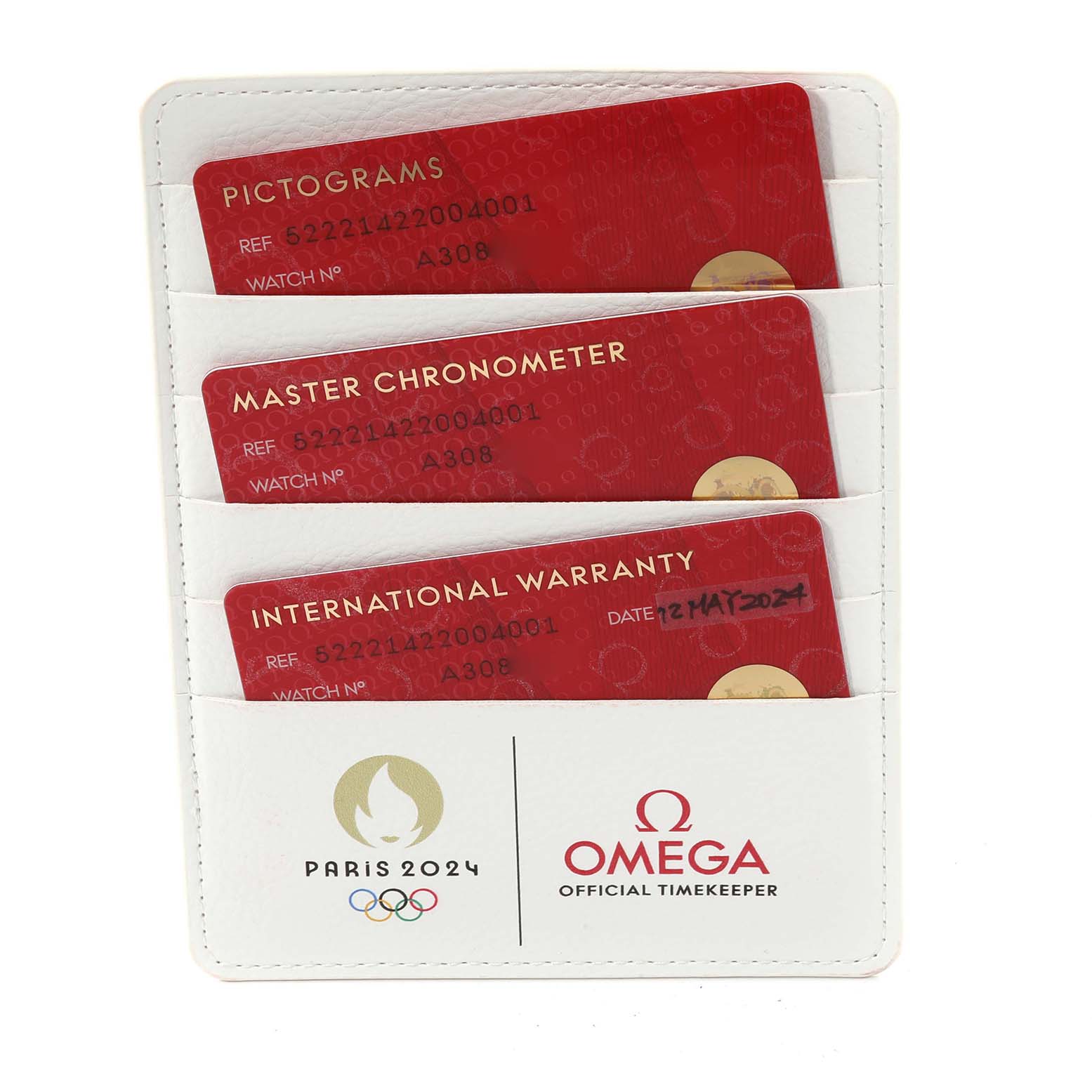 This image shows the warranty and certification cards for the Omega Seamaster 522.21.42.20.04.001 Men's Steel and Gold (two tone) White Dial 522.21.42.20.04.001 Men's Steel and Gold (two tone) White Dial, displayed in a white cardholder with Omega and Paris 2024 logos.