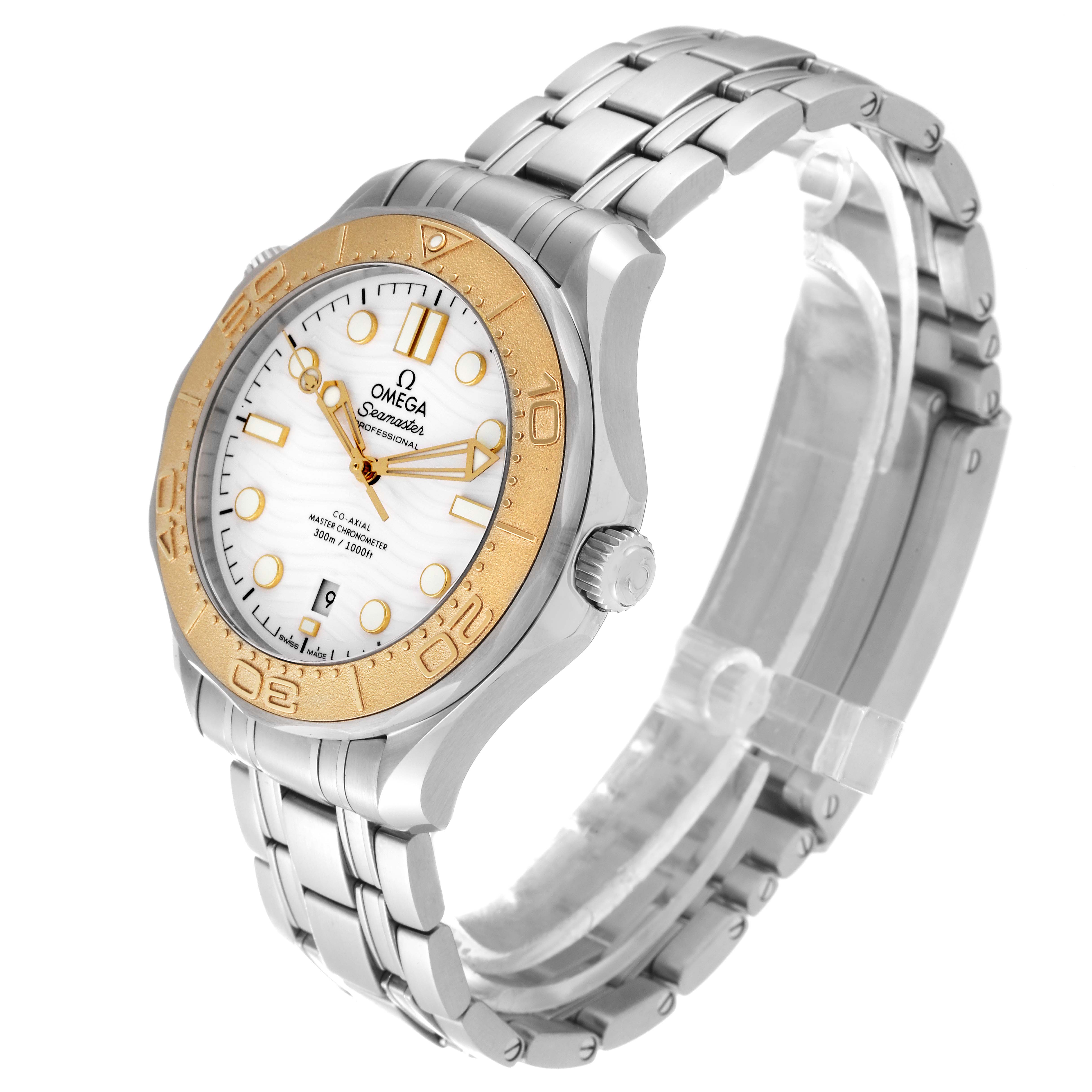 The image shows an Omega Seamaster 522.21.42.20.04.001 Men's Steel and Gold (two tone) White Dial 522.21.42.20.04.001 Men's Steel and Gold (two tone) White Dial watch with a silver and gold bezel, white dial, and a stainless steel bracelet, viewed from an angled perspective.
