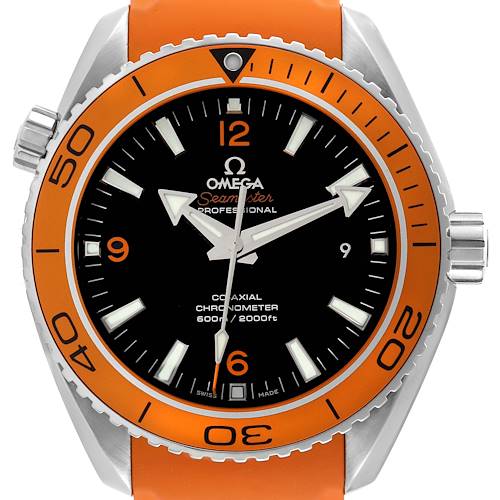 The image shows a front view of the Omega Seamaster watch featuring an orange bezel and orange strap.