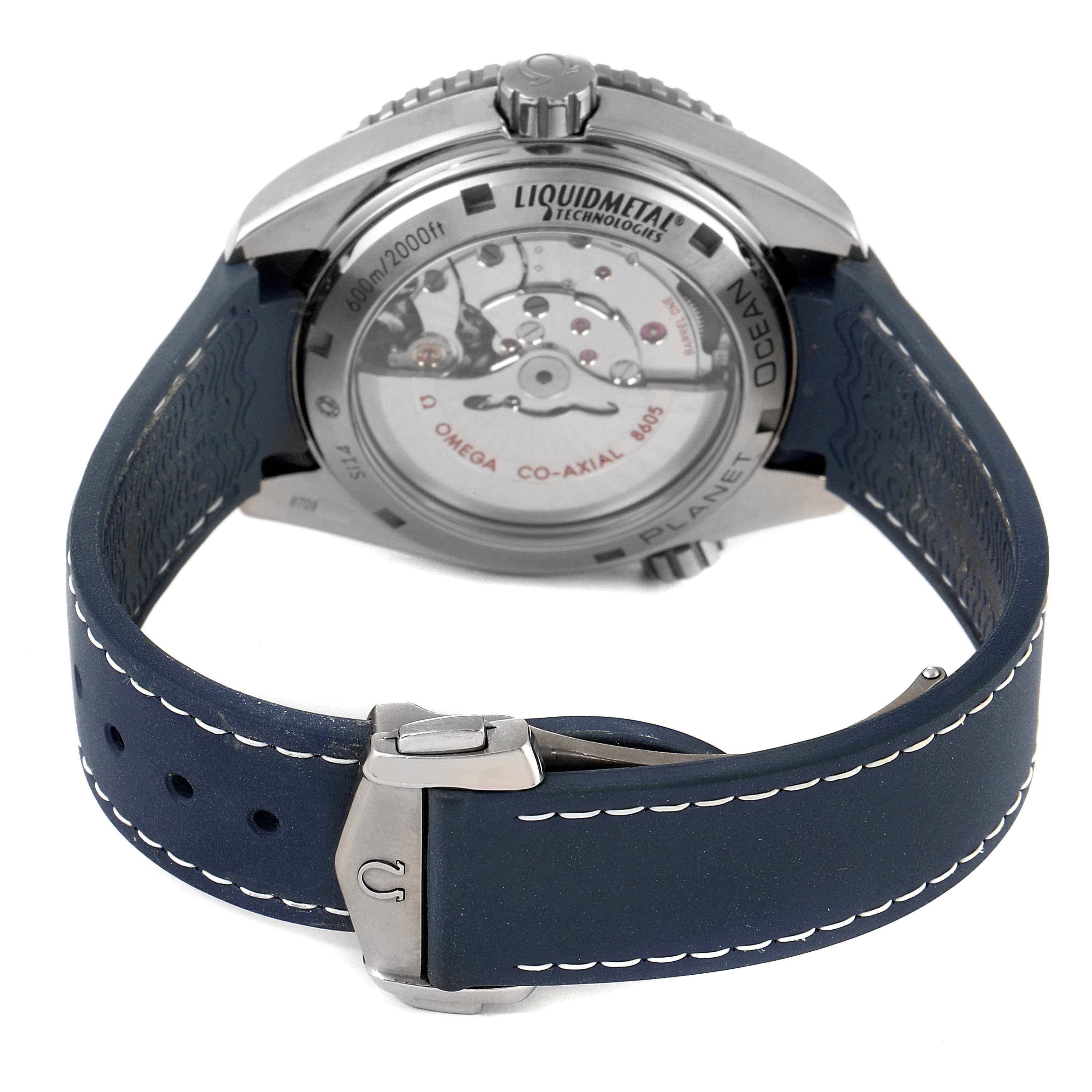 The image shows the back case and strap of the Omega Planet Ocean 232.92.44.22.03.001 Men
s Stainless Steel Blue Dial 232.92.44.22.03.001 Men
s Stainless Steel Blue Dial watch, highlighting the LiquidMetal technology and co-axial movement.