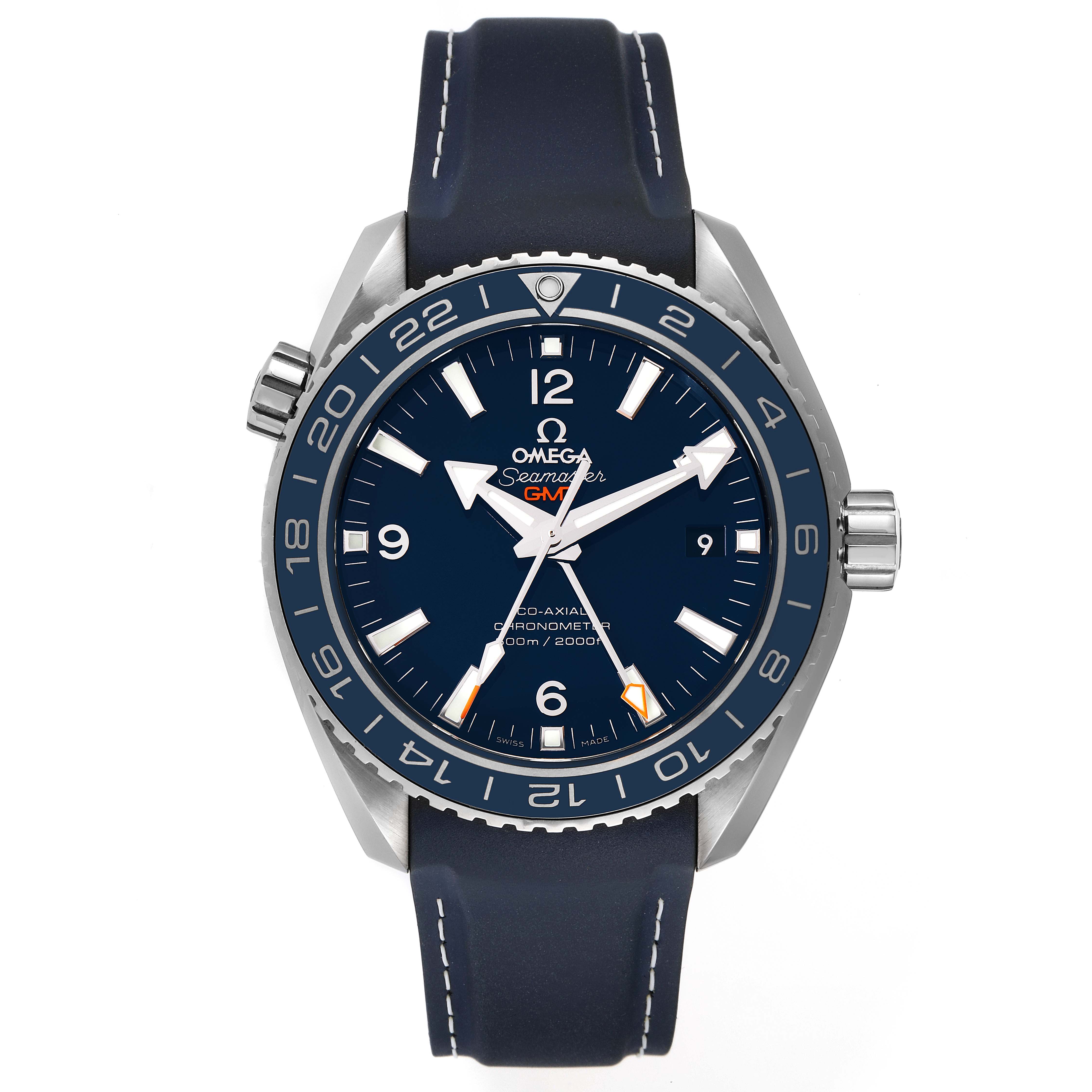 The image shows a front view of an Omega Planet Ocean 232.92.44.22.03.001 Men
s Stainless Steel Blue Dial 232.92.44.22.03.001 Men
s Stainless Steel Blue Dial watch with a blue dial and bezel.