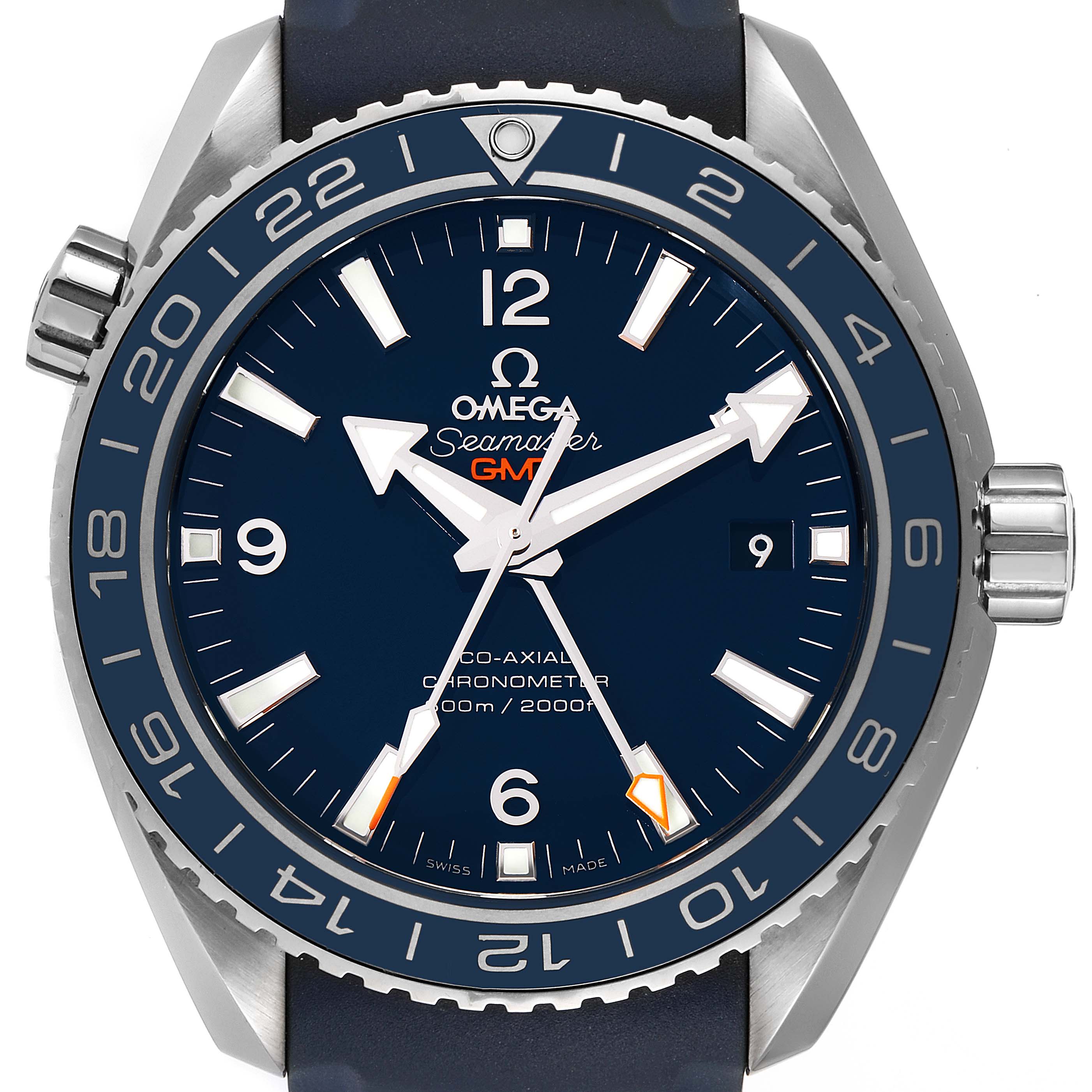 The image shows a front view of the Omega Planet Ocean 232.92.44.22.03.001 Men
s Stainless Steel Blue Dial 232.92.44.22.03.001 Men
s Stainless Steel Blue Dial Seamaster GMT watch, highlighting the dial, bezel, and crown.