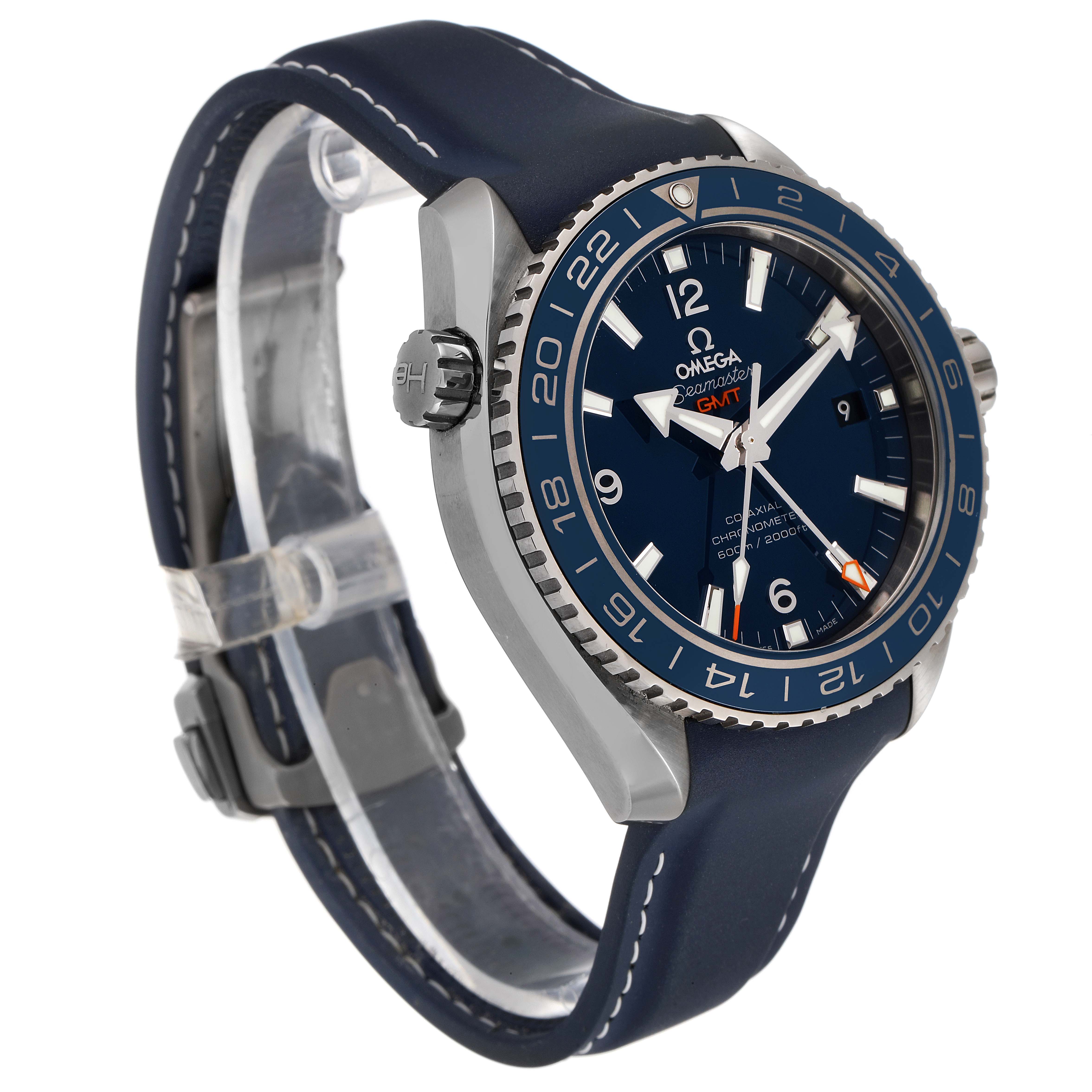 The image shows a side angle of the Omega Planet Ocean 232.92.44.22.03.001 Men
s Stainless Steel Blue Dial 232.92.44.22.03.001 Men
s Stainless Steel Blue Dial watch, featuring its bezel, dial, crown, and strap.