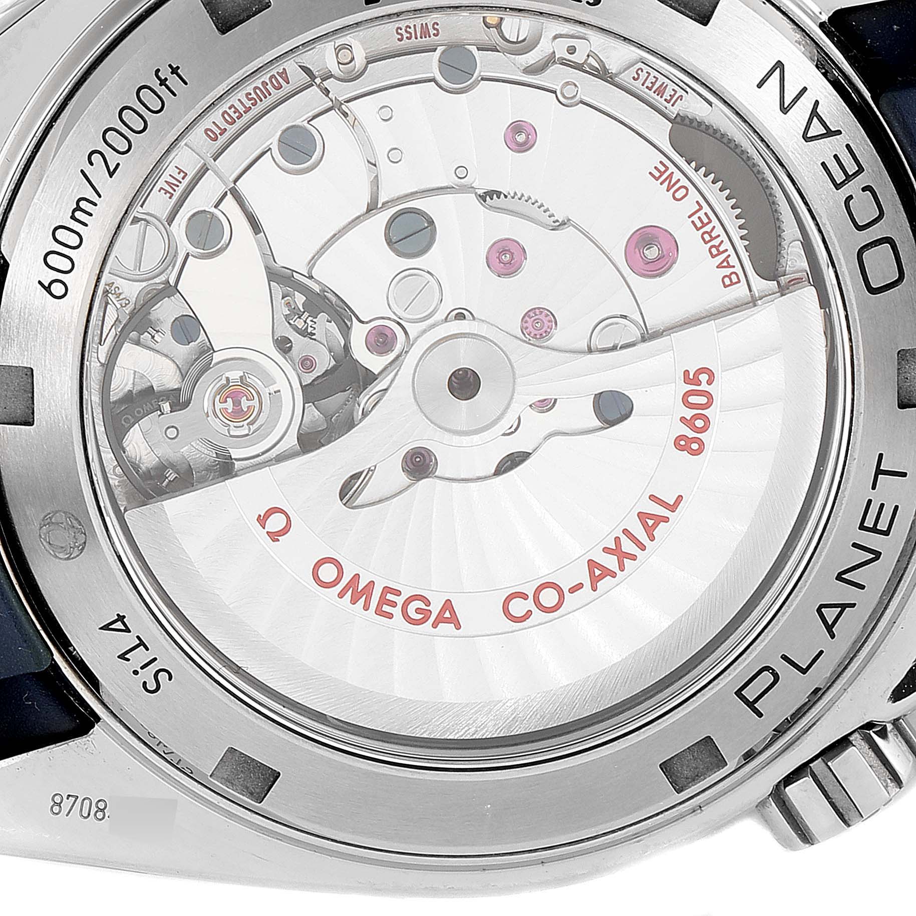 The image shows the back view of the Omega Planet Ocean 232.92.44.22.03.001 Men
s Stainless Steel Blue Dial 232.92.44.22.03.001 Men
s Stainless Steel Blue Dial watch, highlighting its Co-Axial 8605 movement.