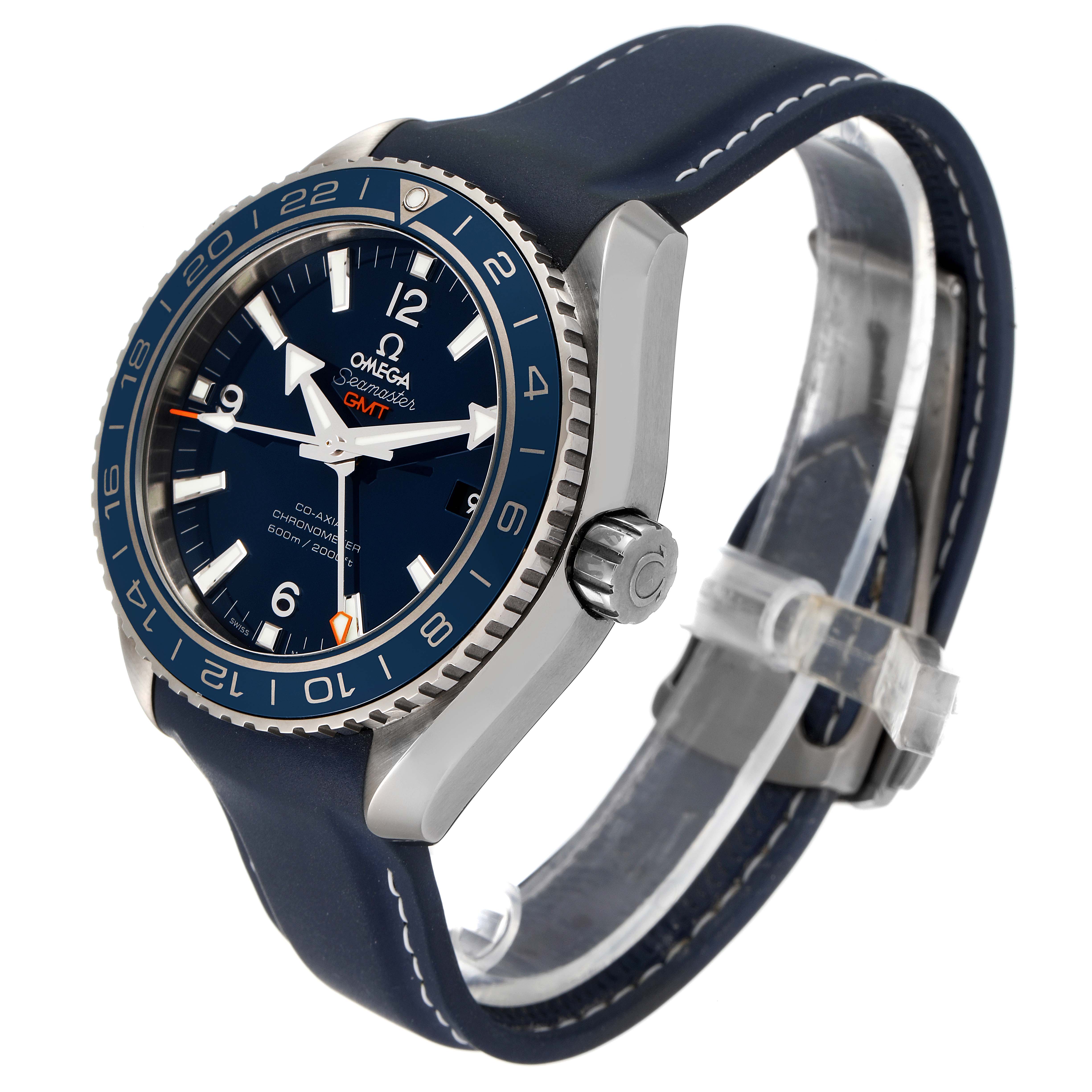 The image shows a front-side angle of the Omega Planet Ocean 232.92.44.22.03.001 Men
s Stainless Steel Blue Dial 232.92.44.22.03.001 Men
s Stainless Steel Blue Dial watch, highlighting the face, bezel, crown, and strap.