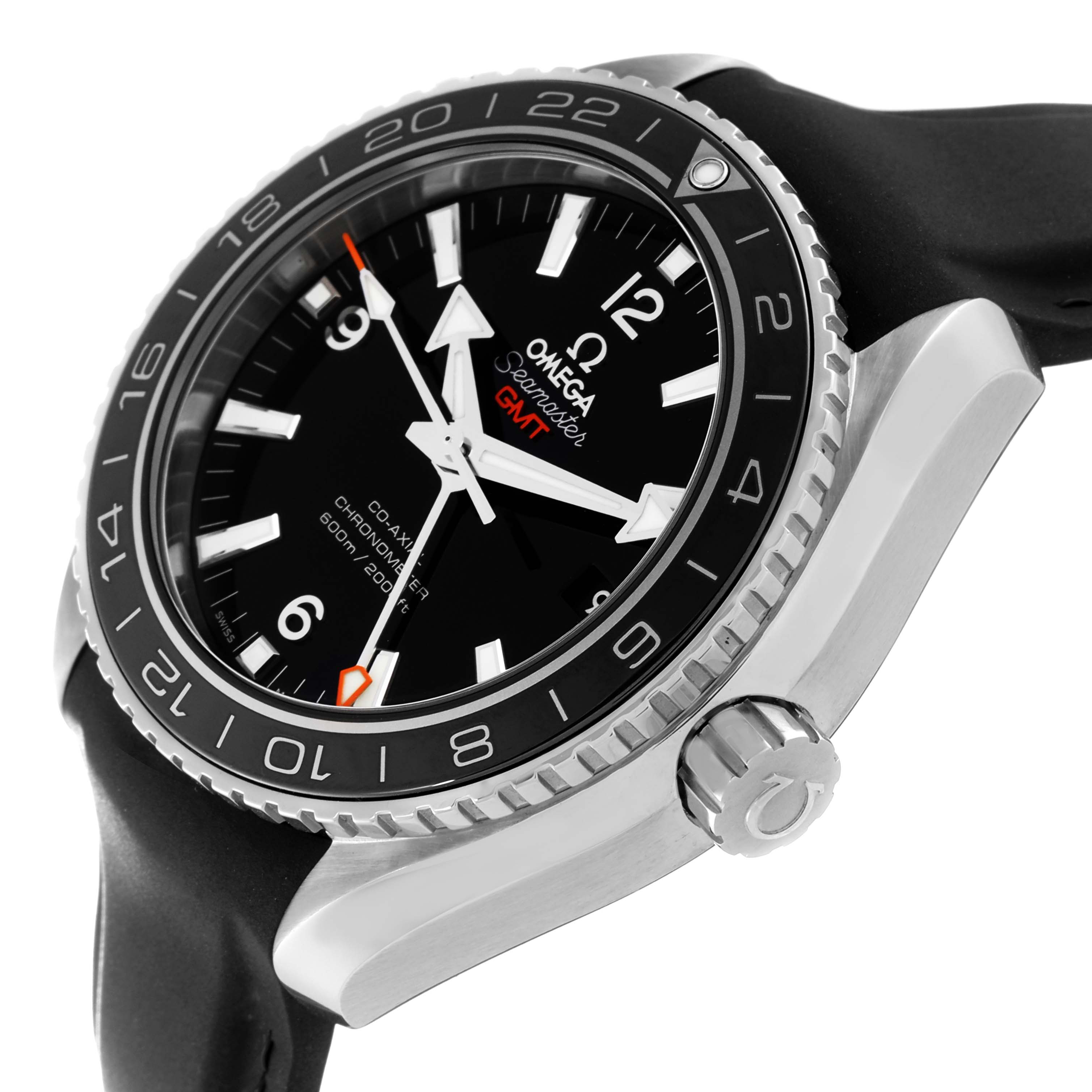 The Omega Seamaster watch is shown at a tilted angle highlighting the dial, bezel, crown, and part of the strap.
