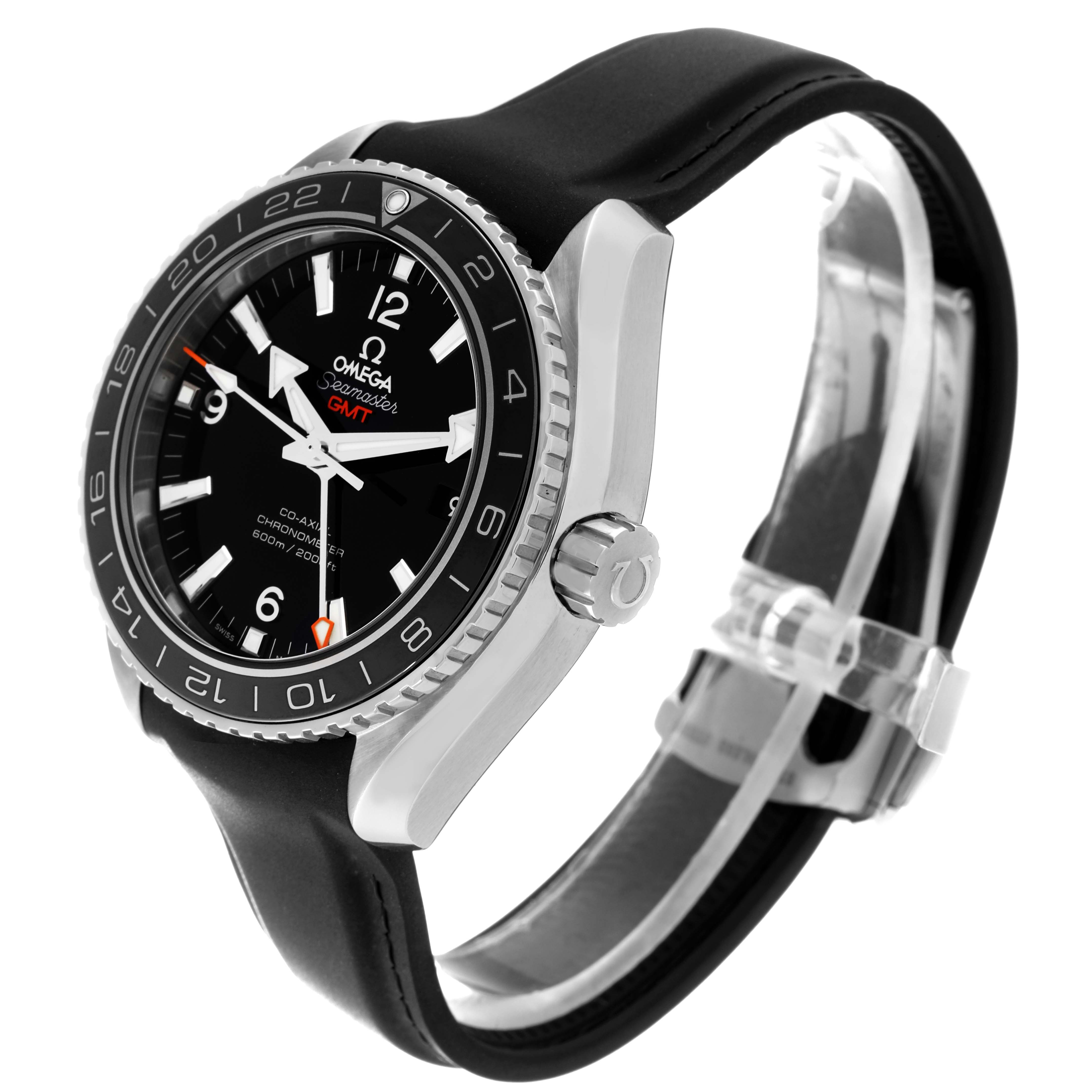 The Omega Seamaster watch is shown at a three-quarter angle, displaying its face, crown, bezel, and strap.