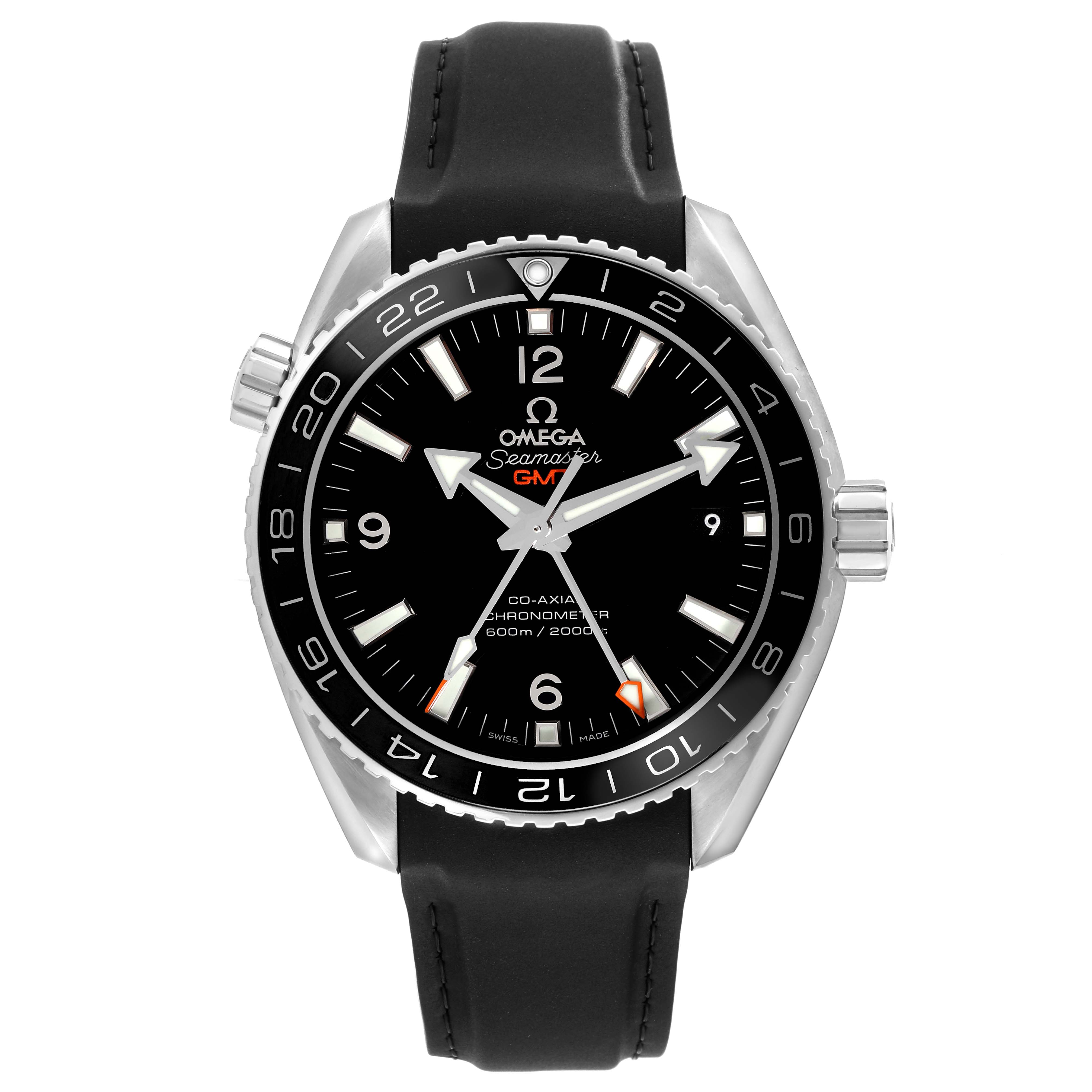 The image shows a frontal view of the Omega Seamaster GMT watch, highlighting its dial, bezel, and strap.