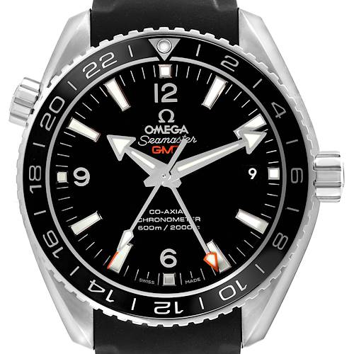 The image shows a frontal view of the Omega Seamaster GMT watch, highlighting the face, bezel, crown, and part of the strap.