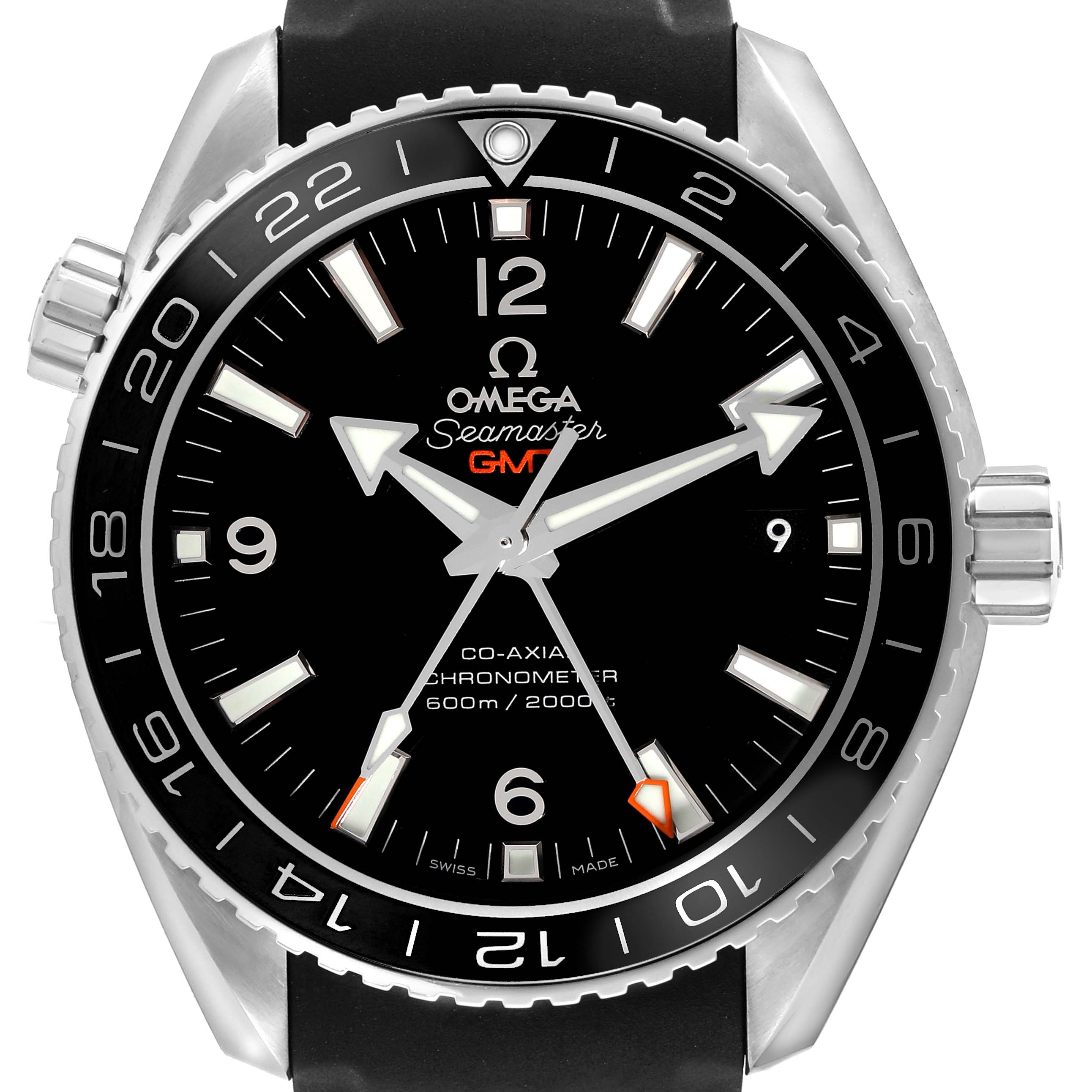 The image shows a front view of an Omega Seamaster GMT watch, highlighting its dial, bezel, and crown.
