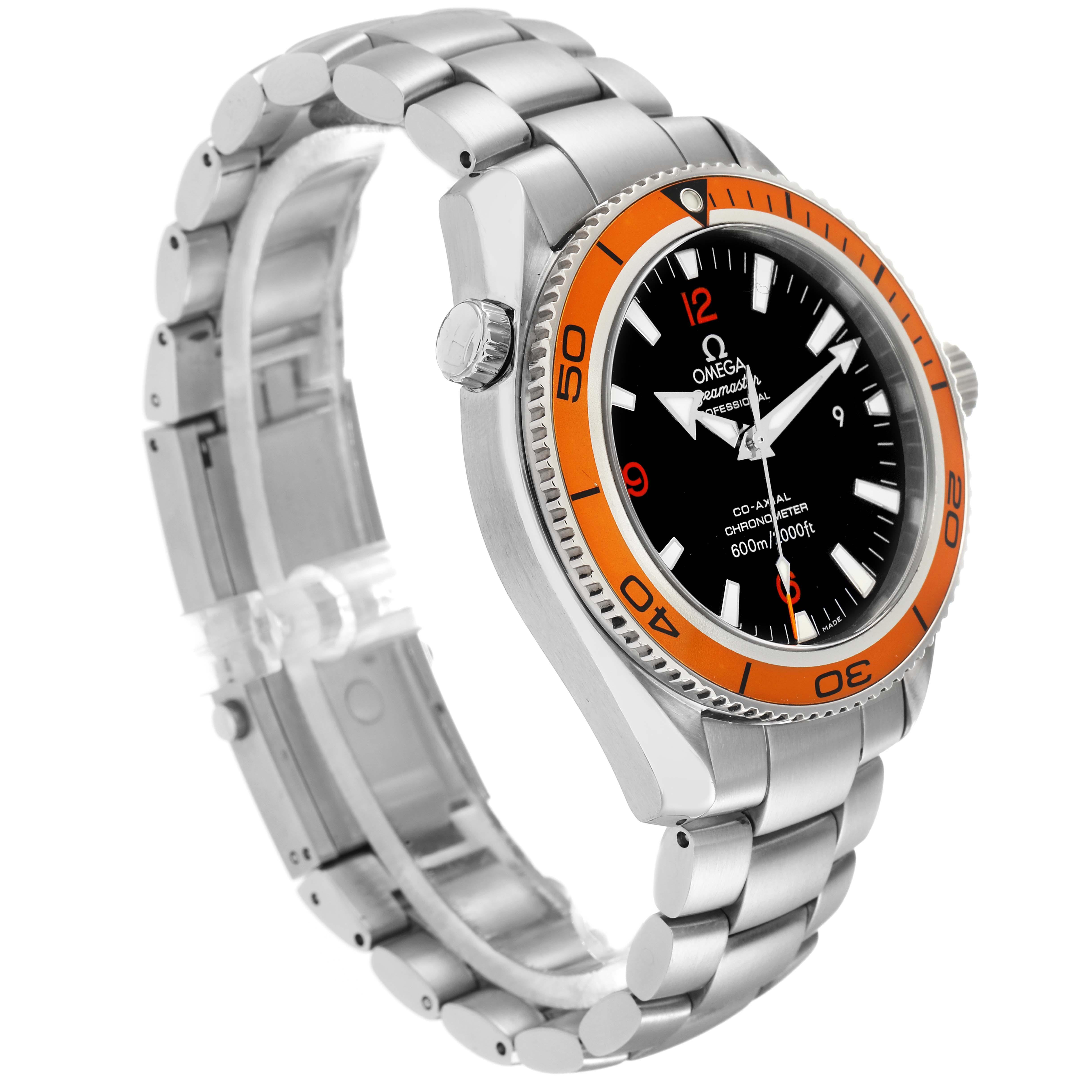 The image shows a side view of the Omega Seamaster model 2209.50.00, highlighting its black dial, orange bezel, and stainless steel bracelet.