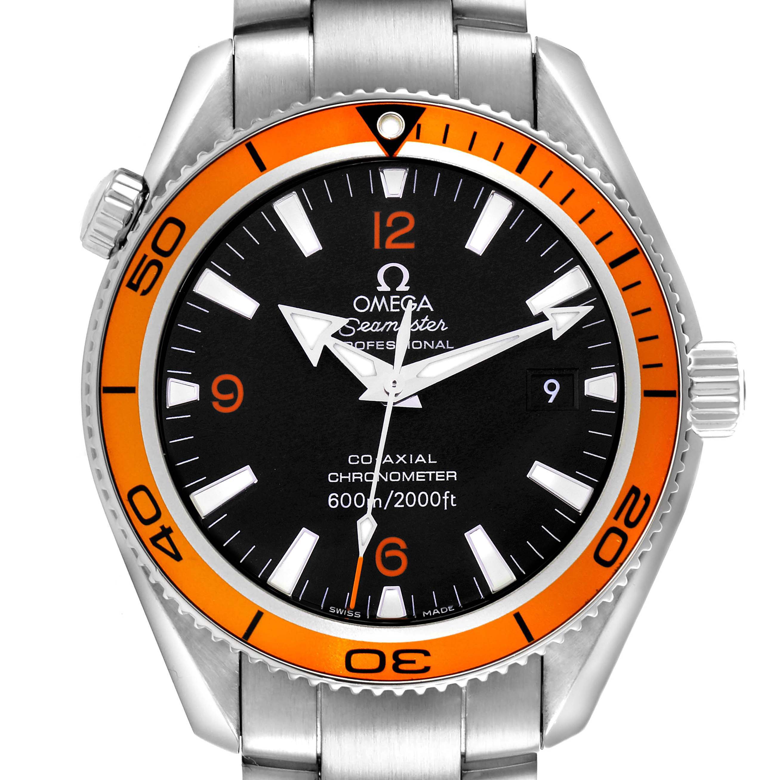 The image shows the Omega Seamaster model 2209.50.00 men
s watch from a front view, highlighting the orange bezel, black dial, and stainless steel bracelet.