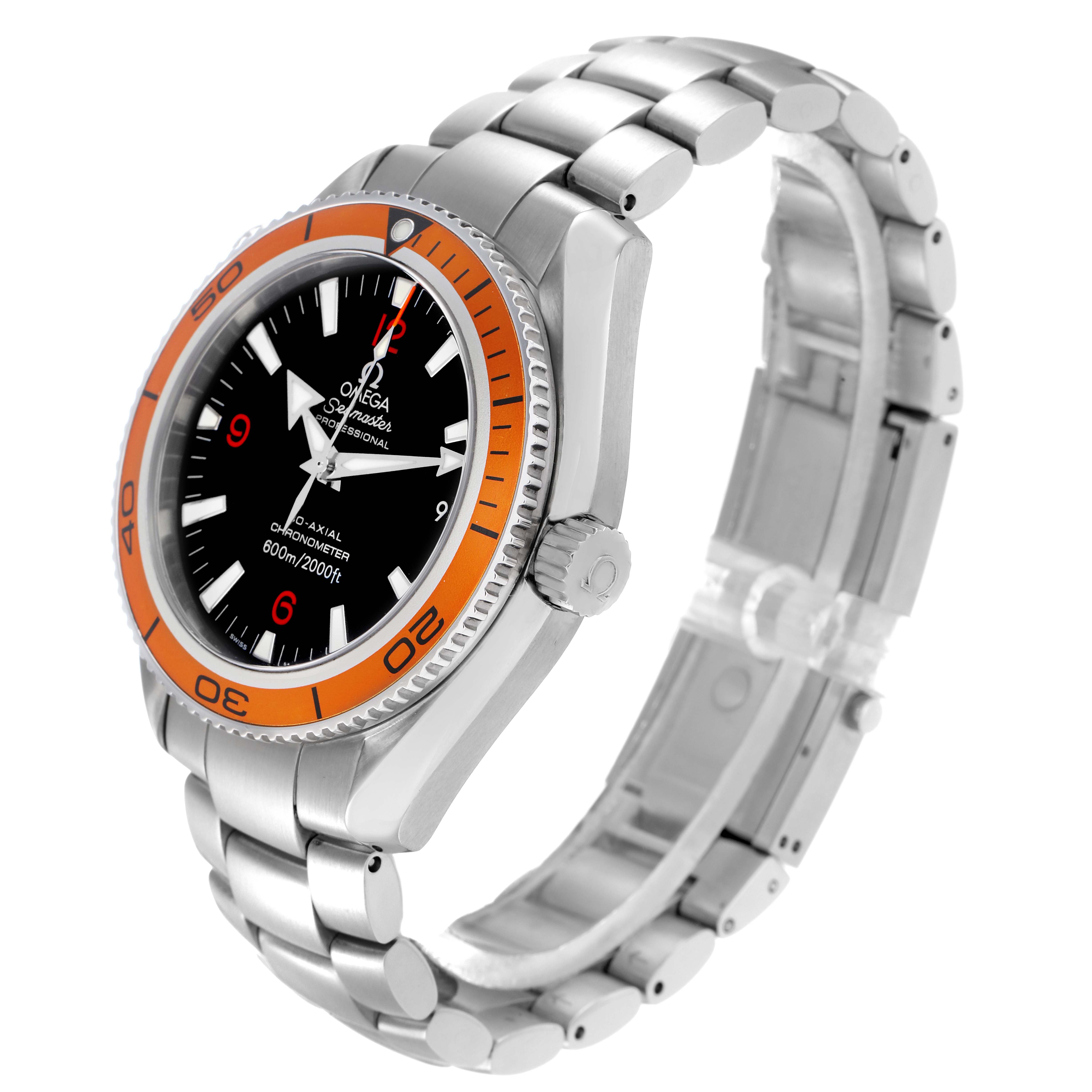 The Omega Seamaster 2209.50.00 watch is shown at a slight angle, highlighting the face, bezel, crown, and metallic bracelet.
