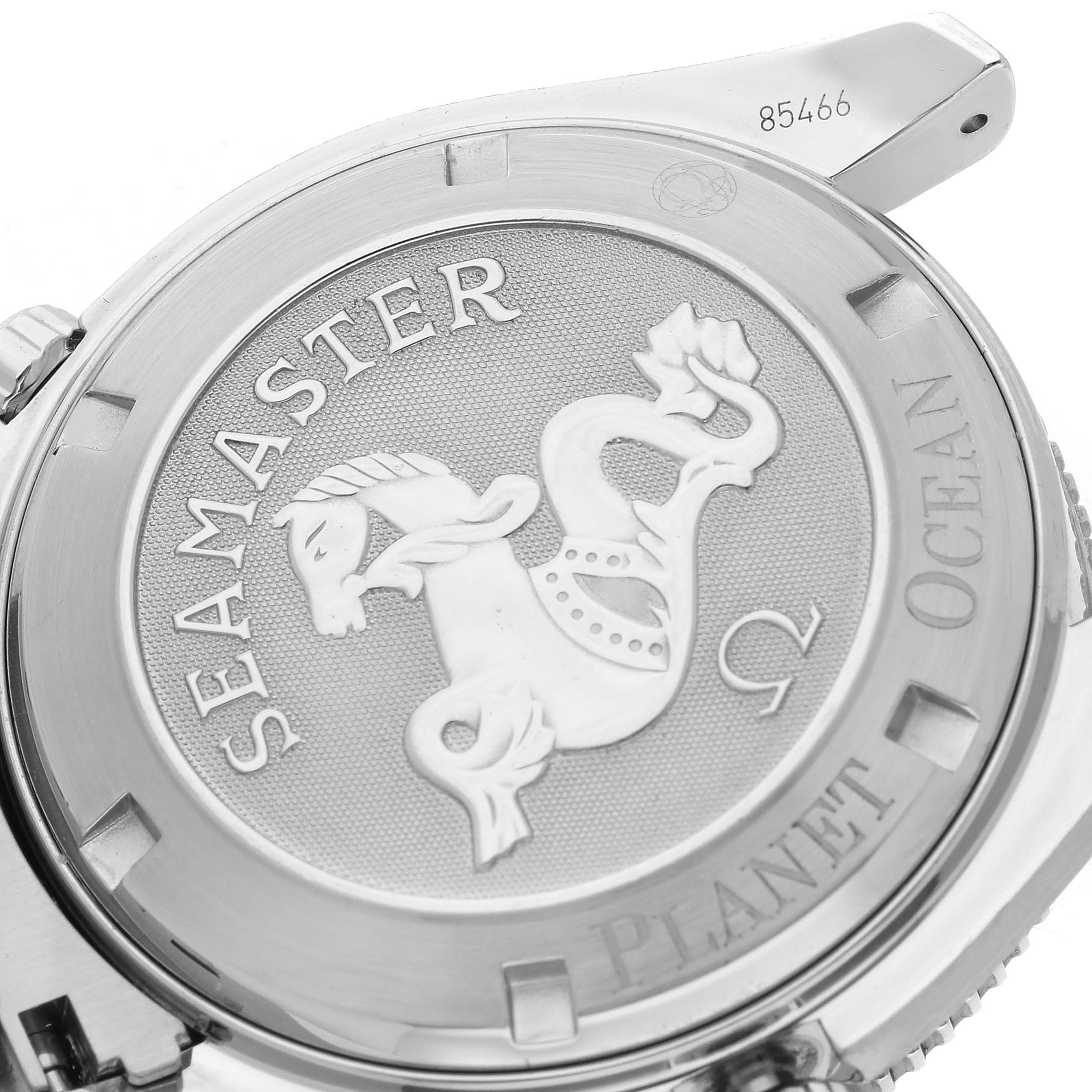 The image shows the back of the Omega Seamaster Planet Ocean, model 2209.50.00, featuring the engraved logo and branding.