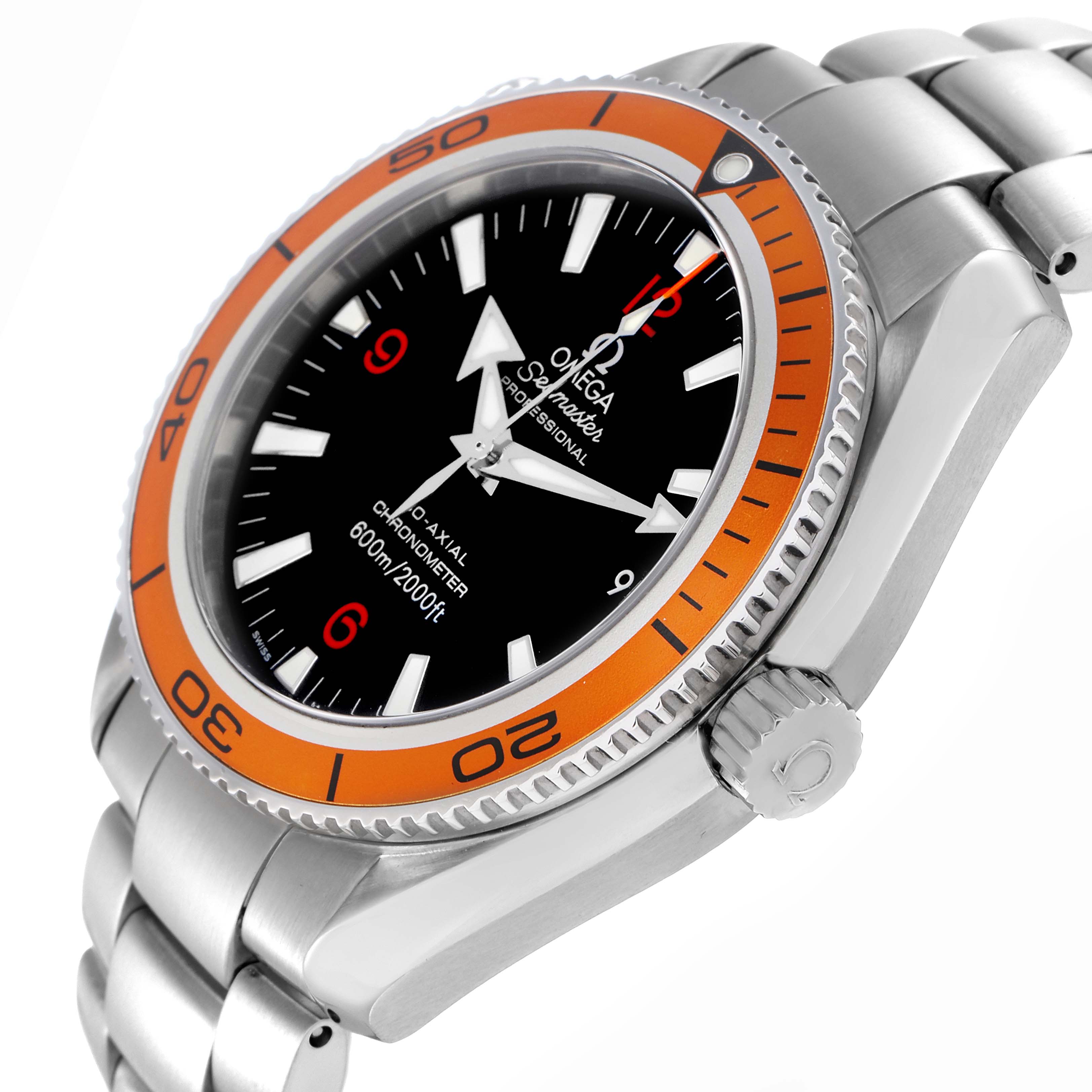 The Omega Seamaster model 2209.50.00 is shown at a three-quarter angle, highlighting its bezel, dial, crown, and part of the bracelet.