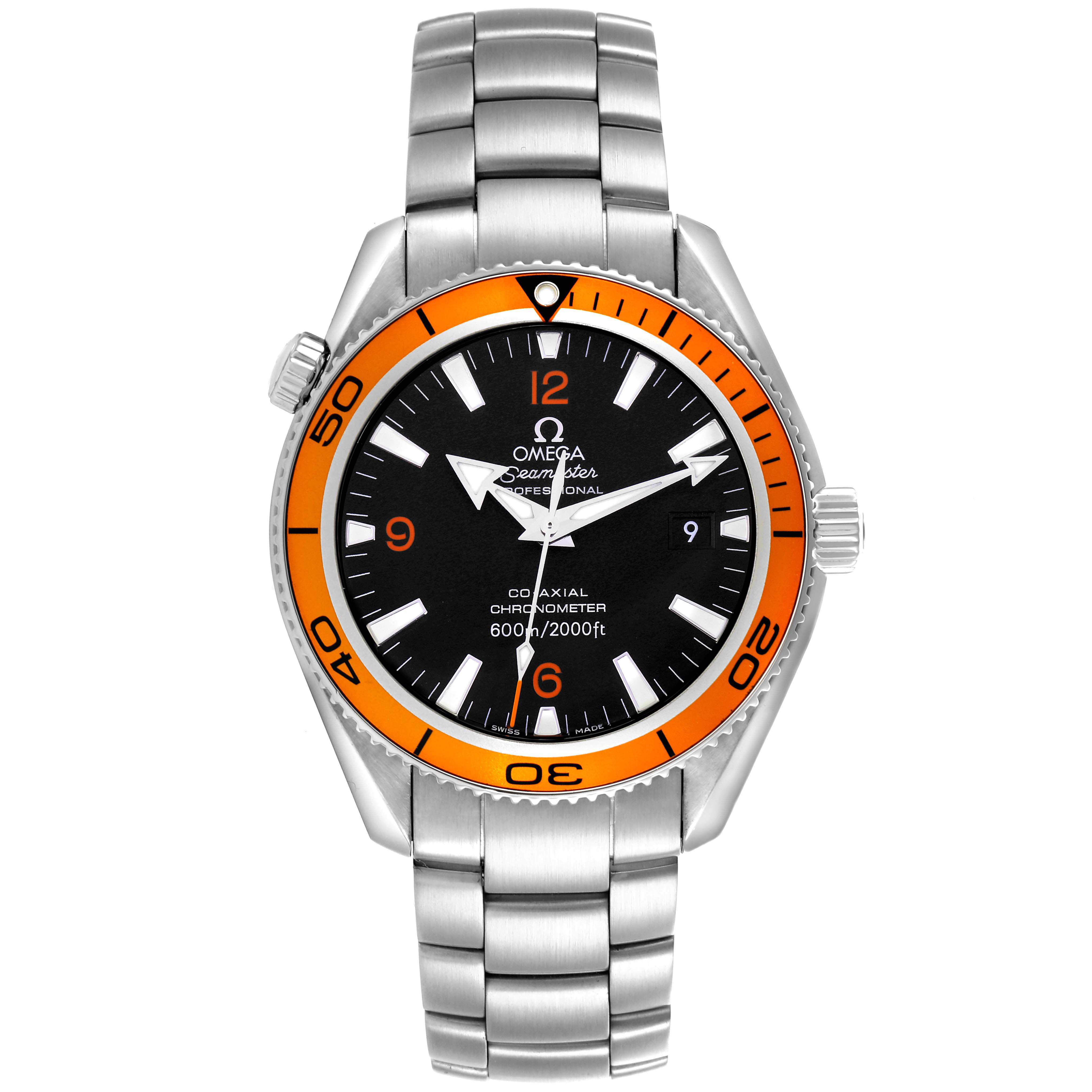 This image shows a front view of the Omega Seamaster model 2209.50.00, displaying the watch face, bezel, and stainless steel bracelet.
