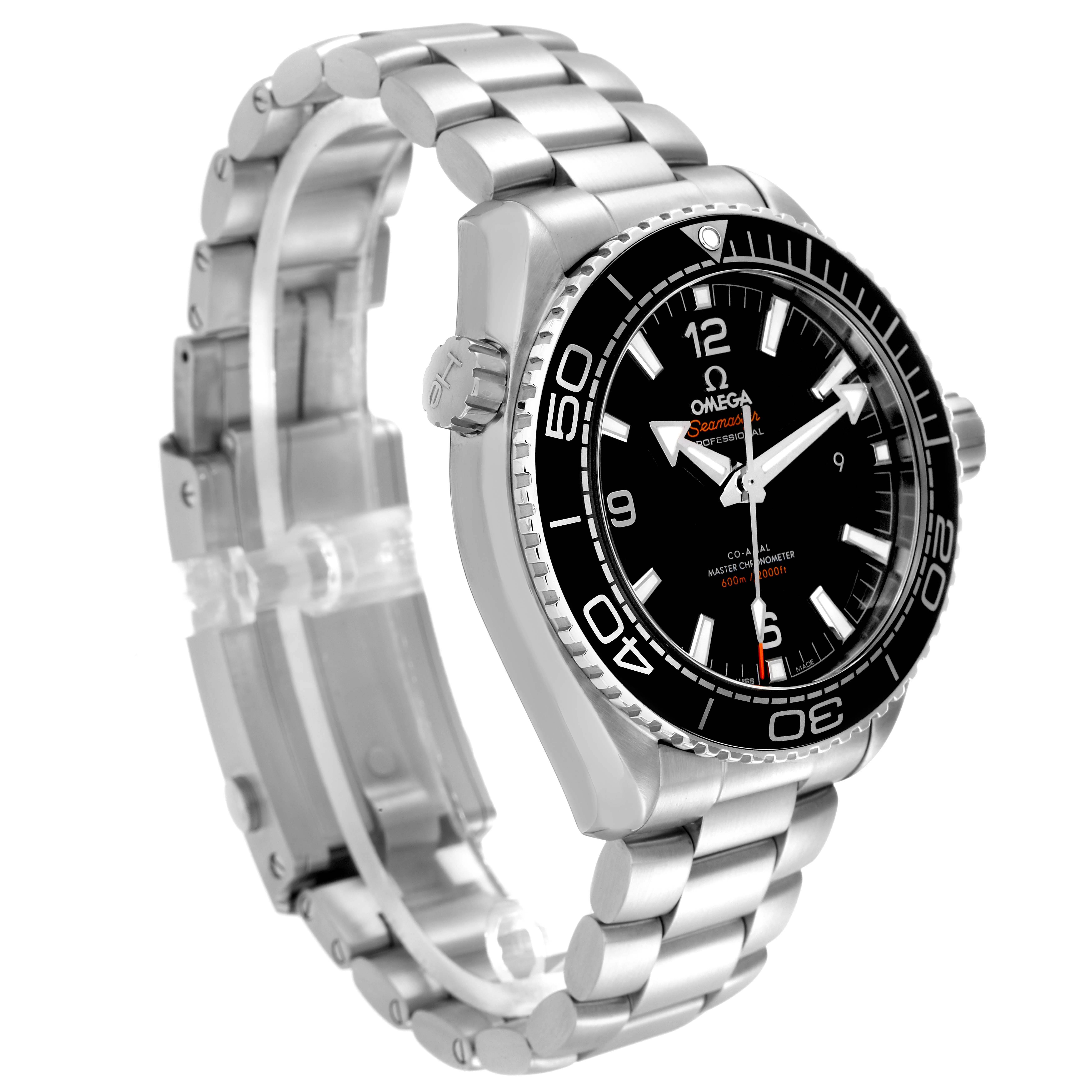 The image shows an Omega Seamaster model 215.30.44.21.01.001 from a front-left angle, highlighting the dial, bezel, crown, and metal bracelet.