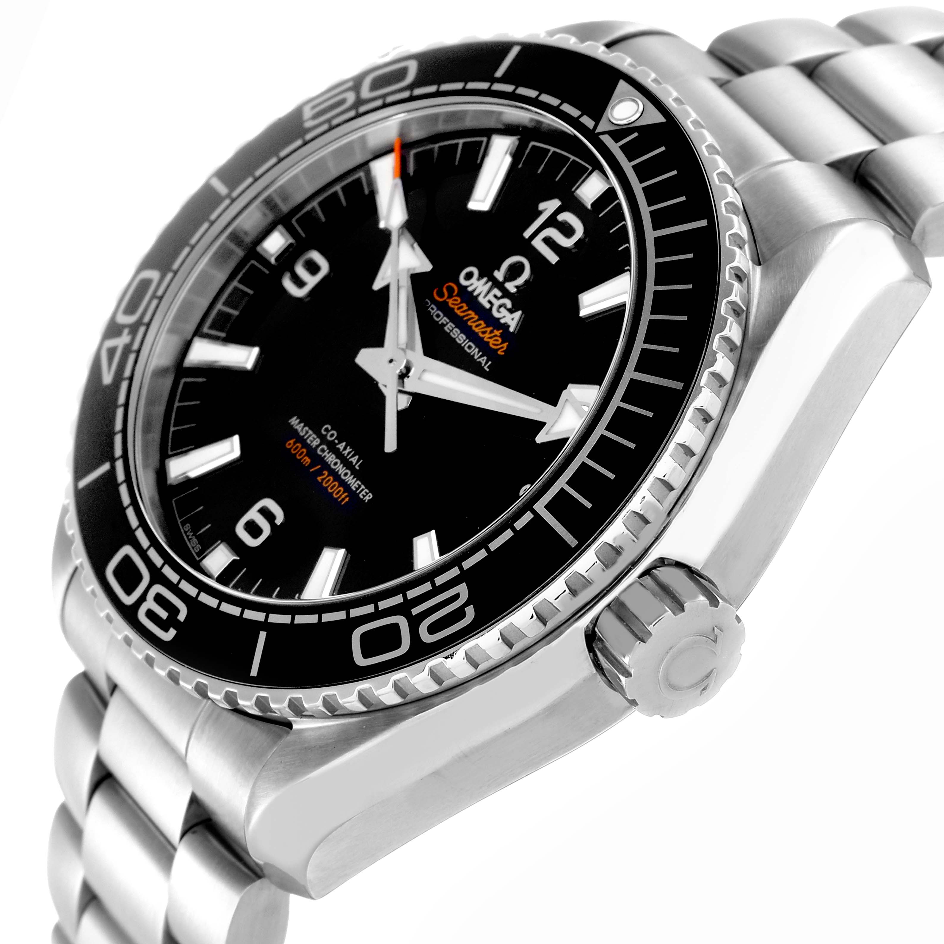 The Omega Seamaster model 215.30.44.21.01.001 is shown at an angle highlighting the bezel, dial, and crown, with a portion of the stainless steel bracelet visible.