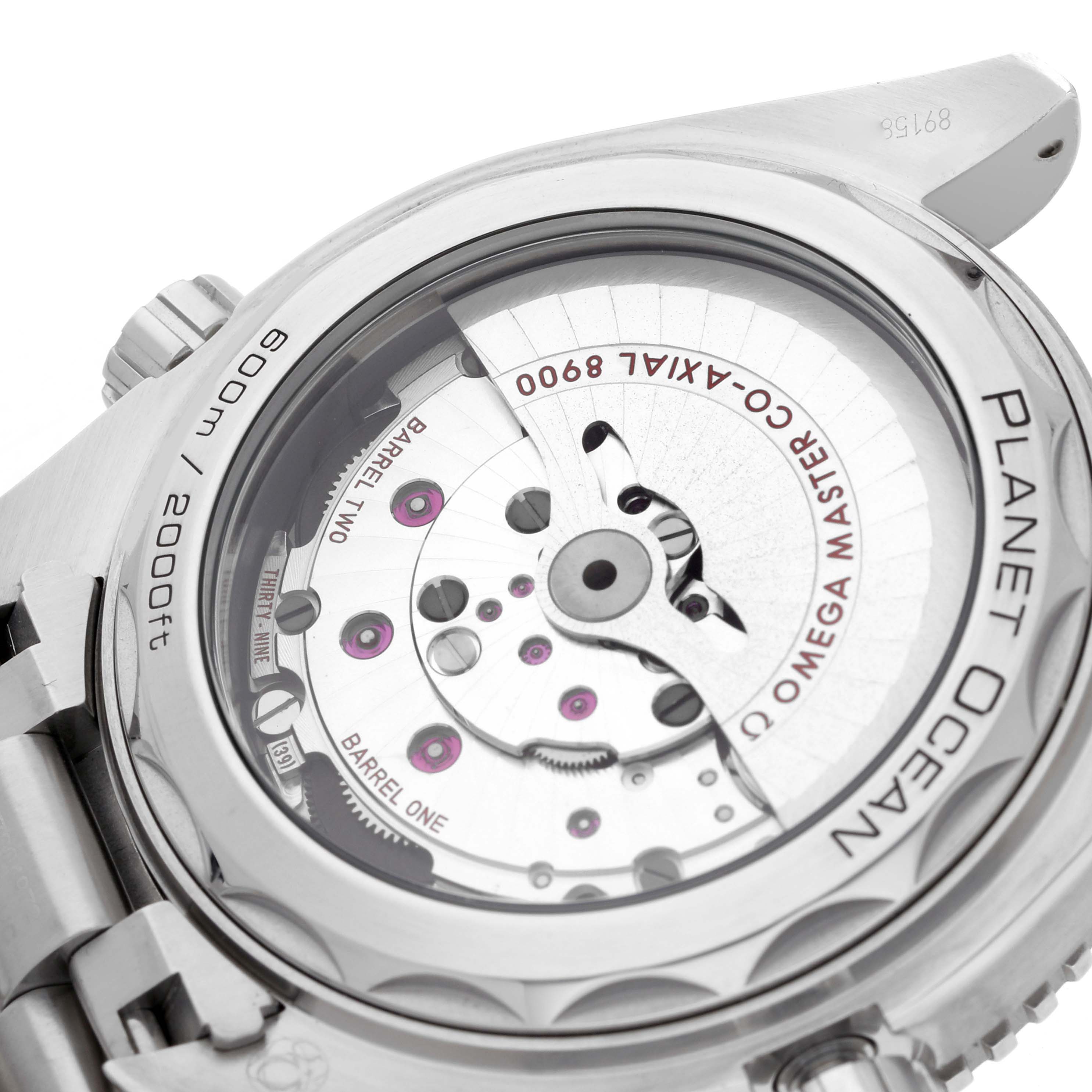 The image shows the case back of the Omega Seamaster Planet Ocean model number 215.30.44.21.01.001, highlighting its movement and water resistance markings.