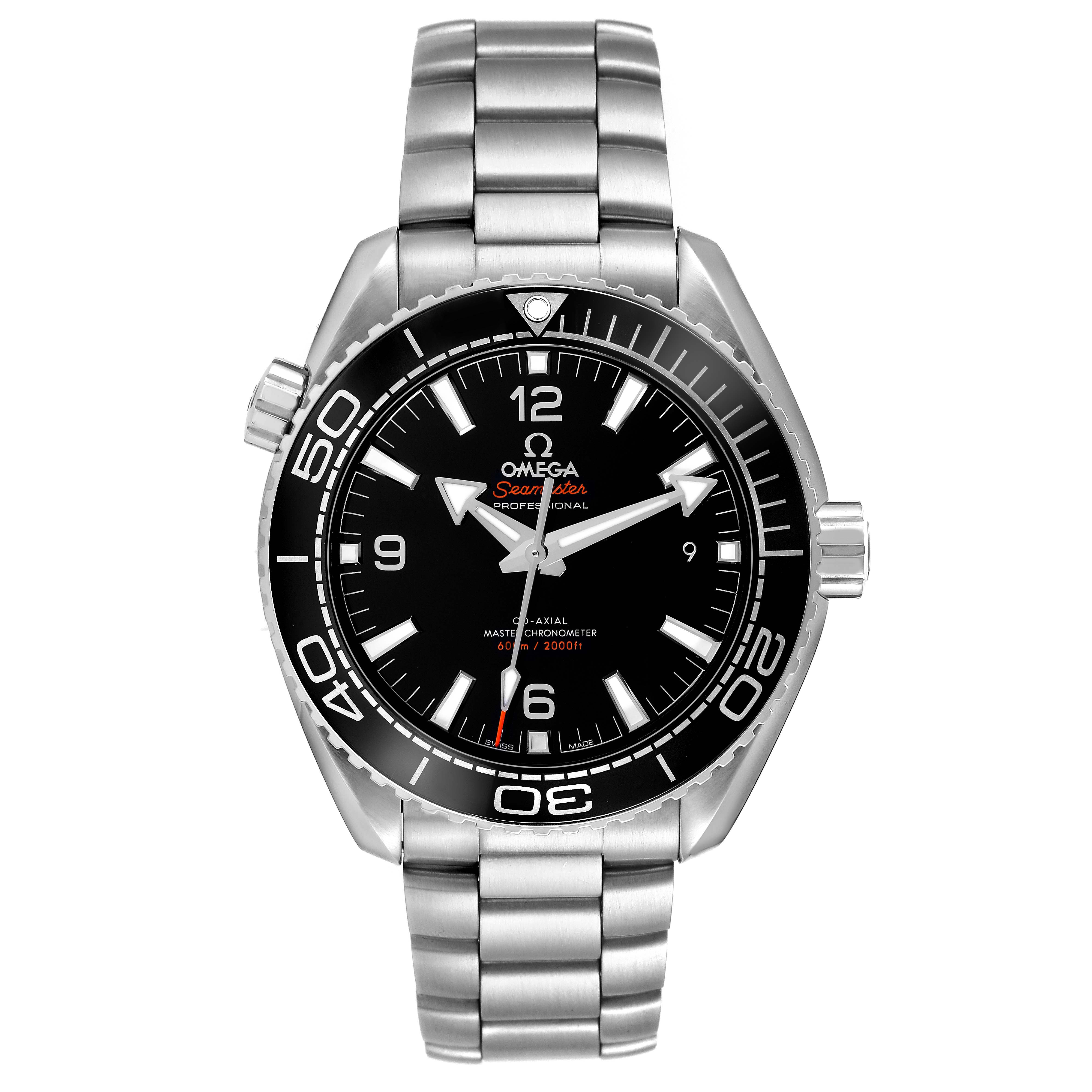 The image shows a front view of the Omega Seamaster model 215.30.44.21.01.001 men
s watch, displaying its face, bezel, bracelet, and crown.