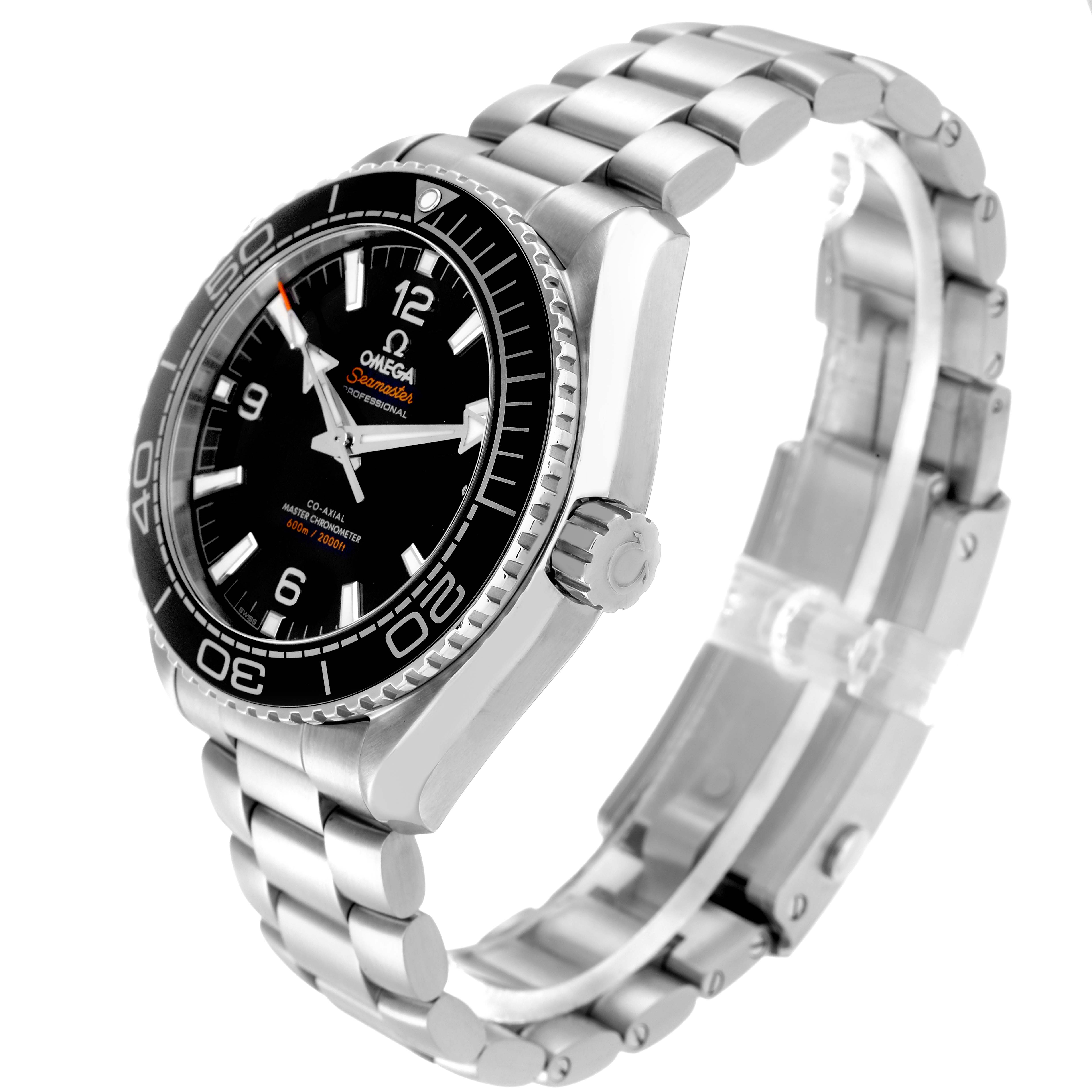 The Omega Seamaster model 215.30.44.21.01.001 is shown at a three-quarter angle, highlighting its face, bezel, crown, and metal bracelet.