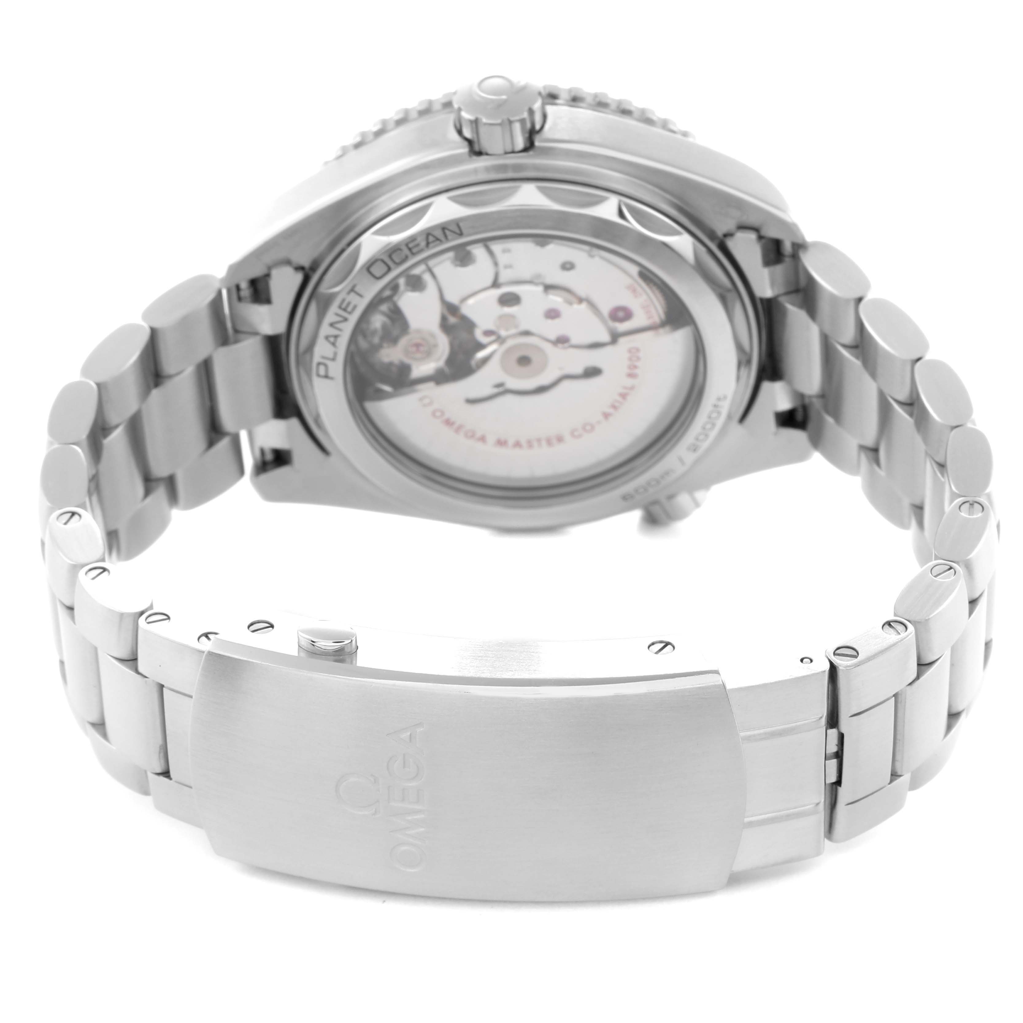 The image shows the back case and bracelet of the Omega Seamaster model 215.30.44.21.01.001, highlighting the movement and clasp.