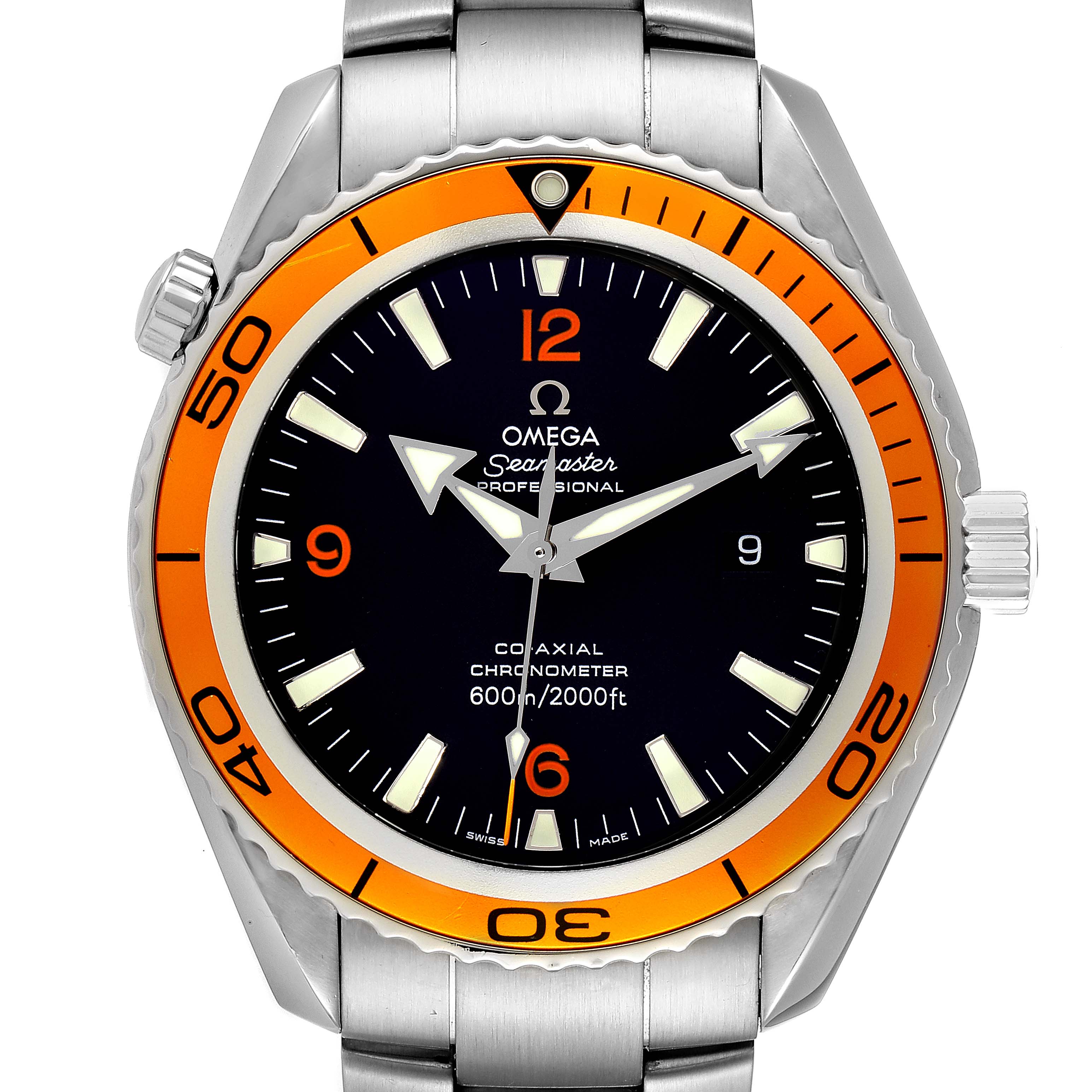This image shows a front view of the Omega Planet Ocean 2208.50.00 Men's Stainless Steel Black Dial 2208.50.00 Men's Stainless Steel Black Dial watch, displaying its dial, bezel, and part of its strap.