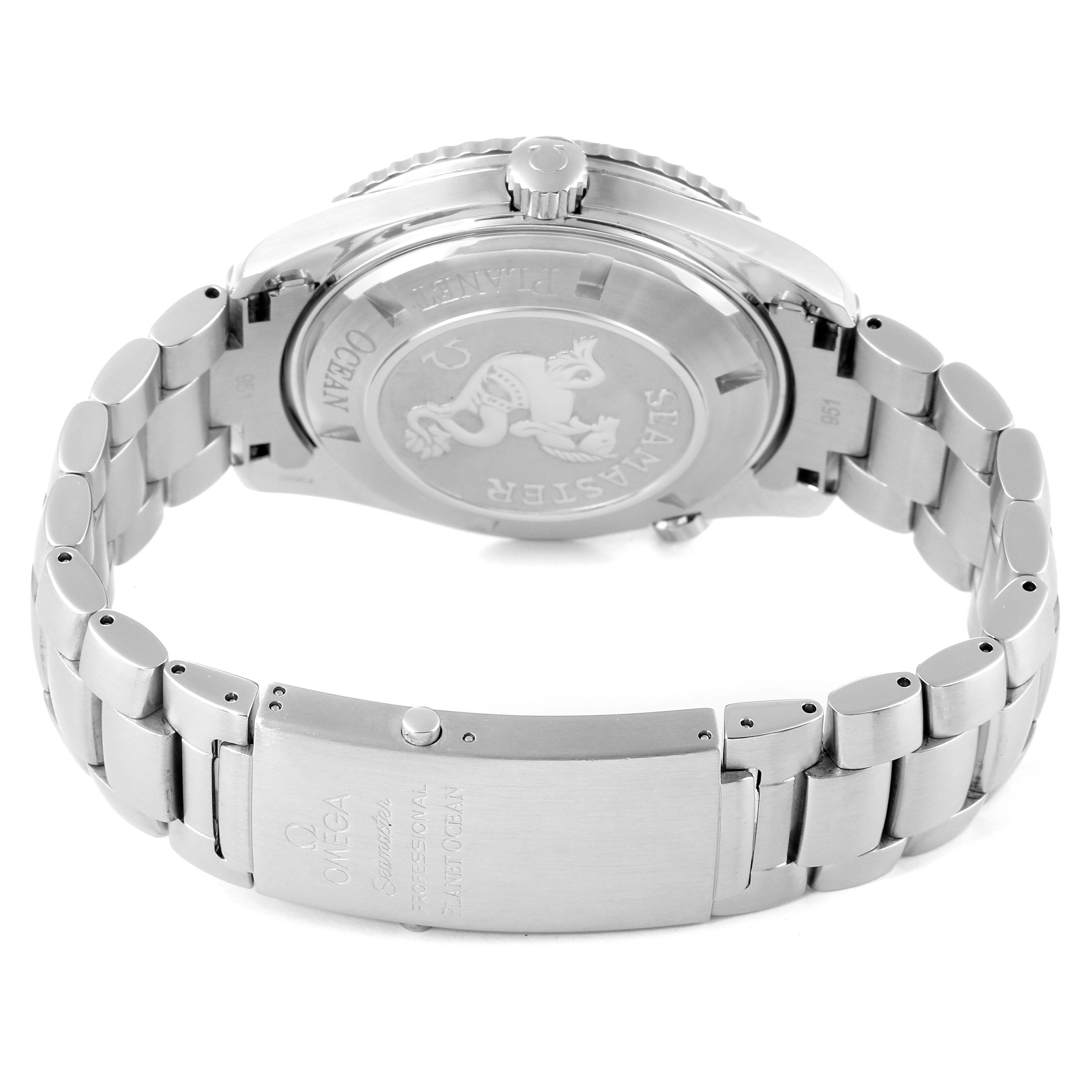 This image shows the back case and bracelet of the Omega Seamaster Planet Ocean watch, highlighting the clasp and case back engravings.