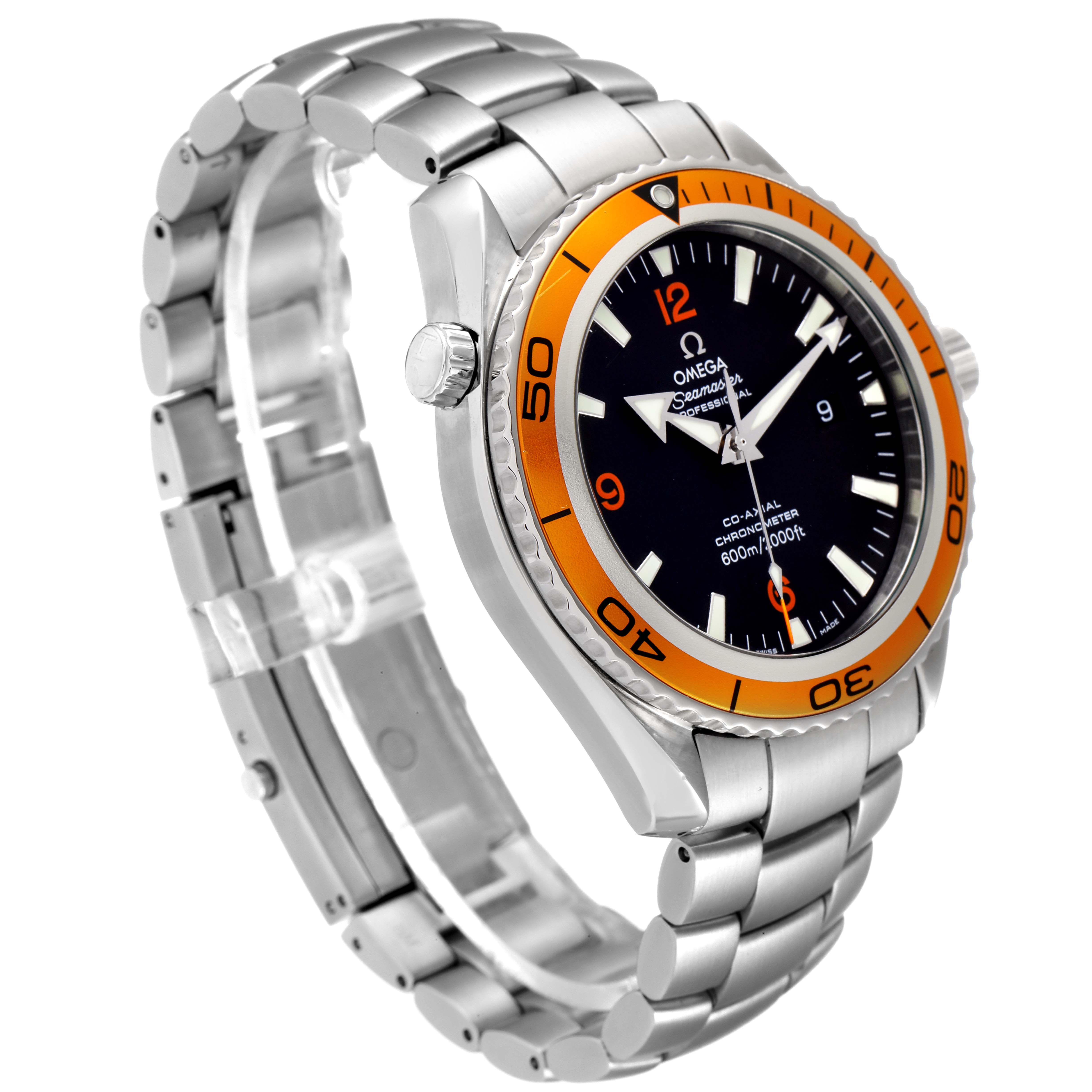 This image shows the front and side view of the Omega Planet Ocean 2208.50.00 Men's Stainless Steel Black Dial 2208.50.00 Men's Stainless Steel Black Dial watch, featuring an orange bezel and a metal bracelet.