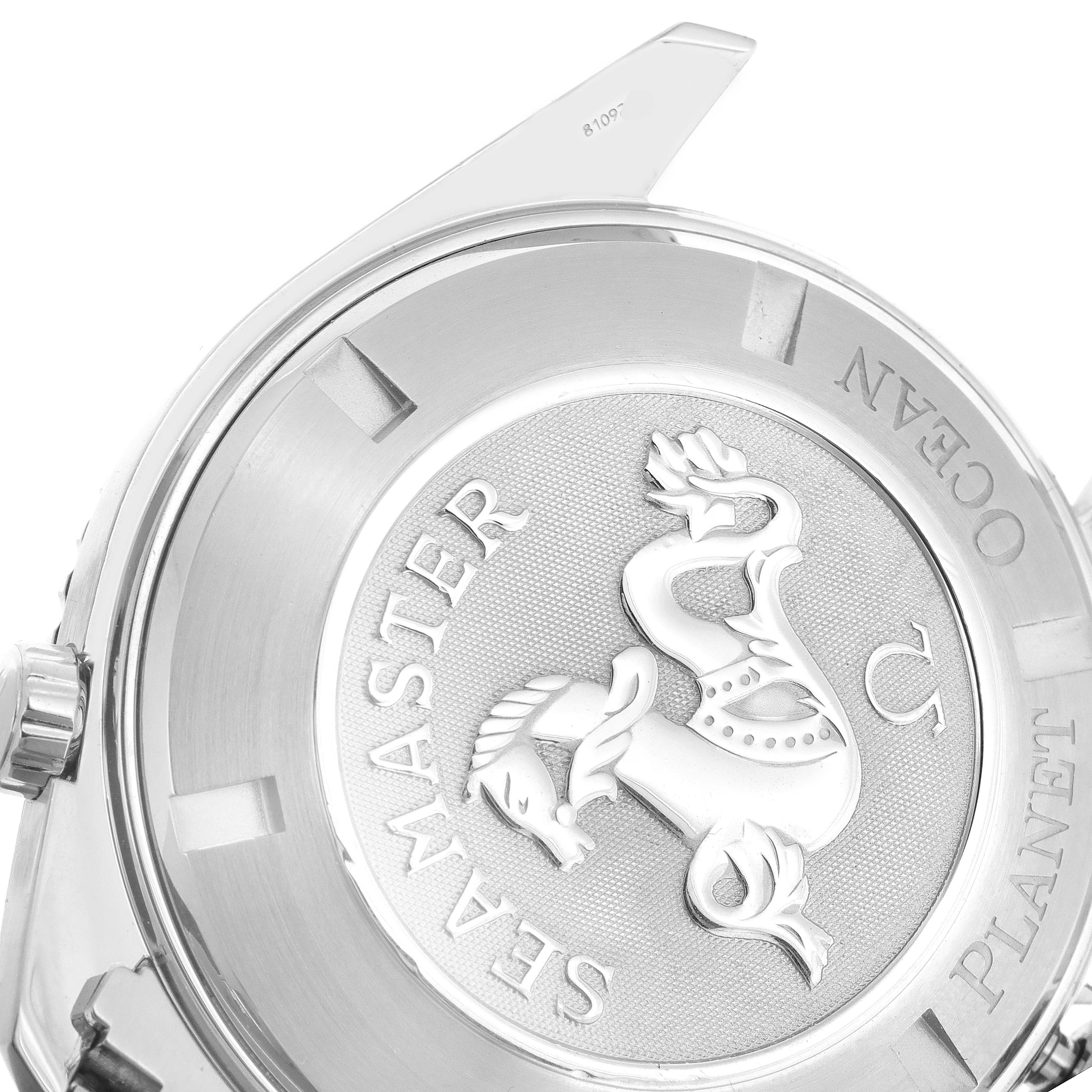 The image shows the back case of the Omega Planet Ocean 2208.50.00 Men's Stainless Steel Black Dial 2208.50.00 Men's Stainless Steel Black Dial model, highlighting the Seahorse emblem and "Seamaster" engraving.